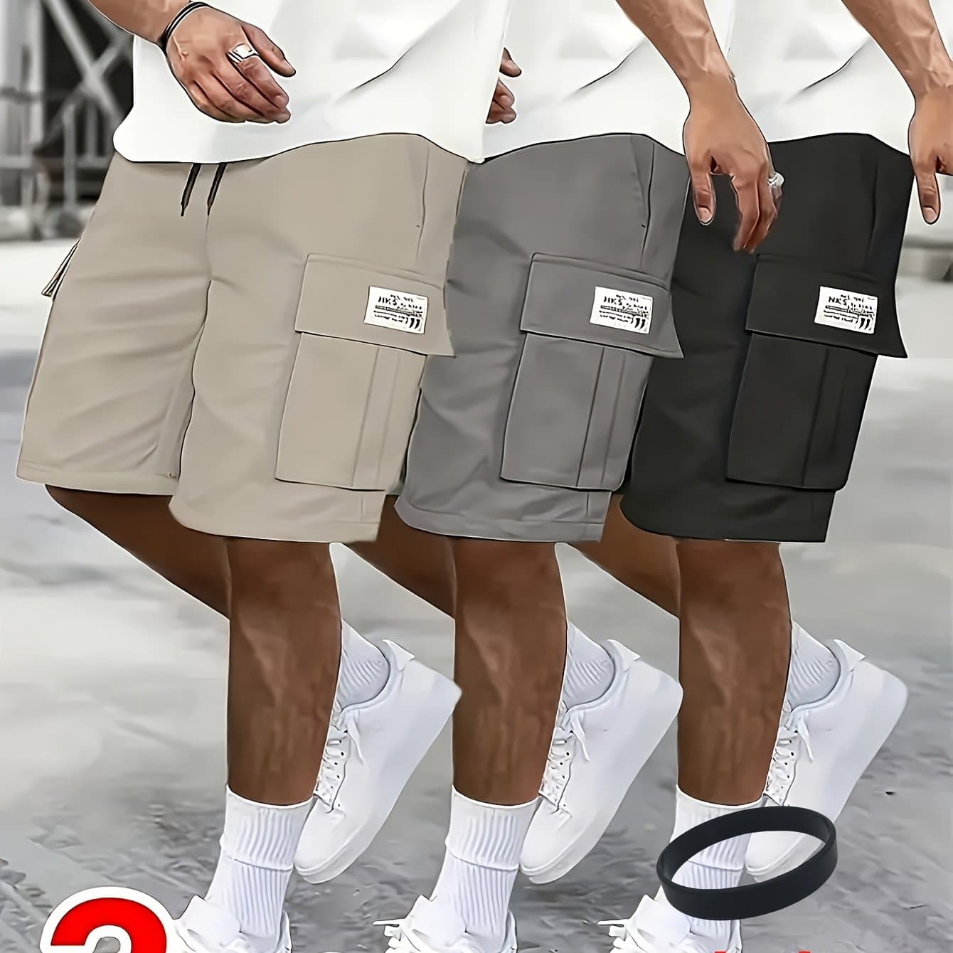 TEMU 3pcs Men's Cargo Shorts, Casual Athletic Shorts - Multi-pocket , (includes Wristband) Adjustable Waist (black, Gray, Khaki) - Outdoor & Travel
