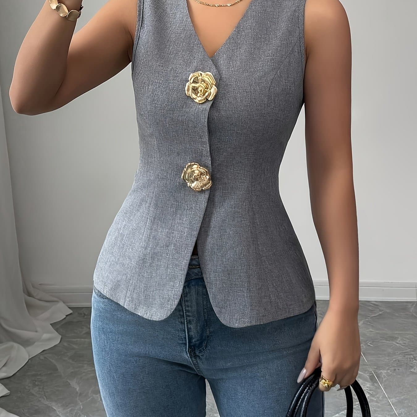 TEMU Women's Fashion Golden Rose Decorated Solid Color Elegant V-neck Sleeveless Vest