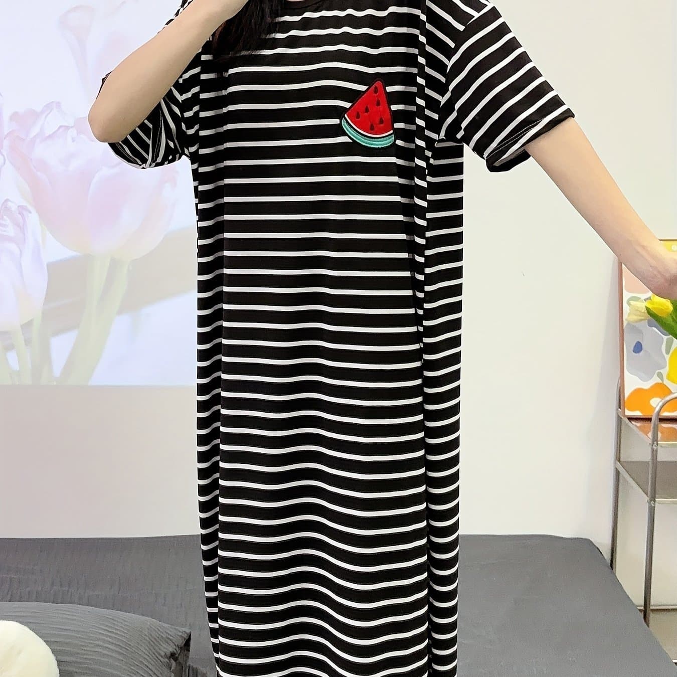 TEMU Striped Watermelon Pattern Summer Lightweight Loose-fit Striped Women's Nightgown, Women's , Robe, Summer Adult Pajamas, , Summer Round Neck Pullover Home Robe, Short Sleeve Long Dress