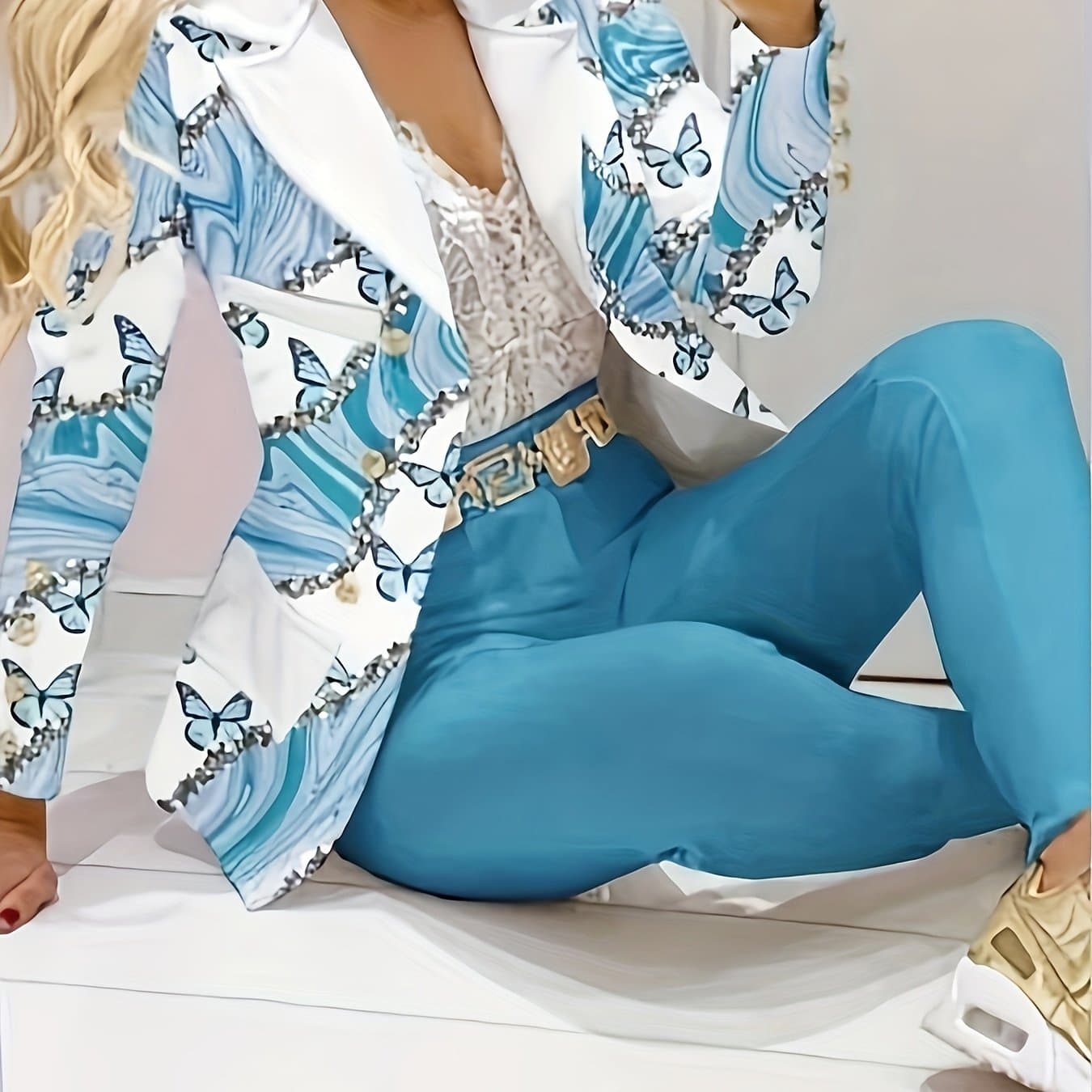 TEMU Elegant Two-piece Set, Print Long Sleeve Lapel Neck Double-breasted Blazer & Solid Skinny Pants Outfits, Women's Clothing