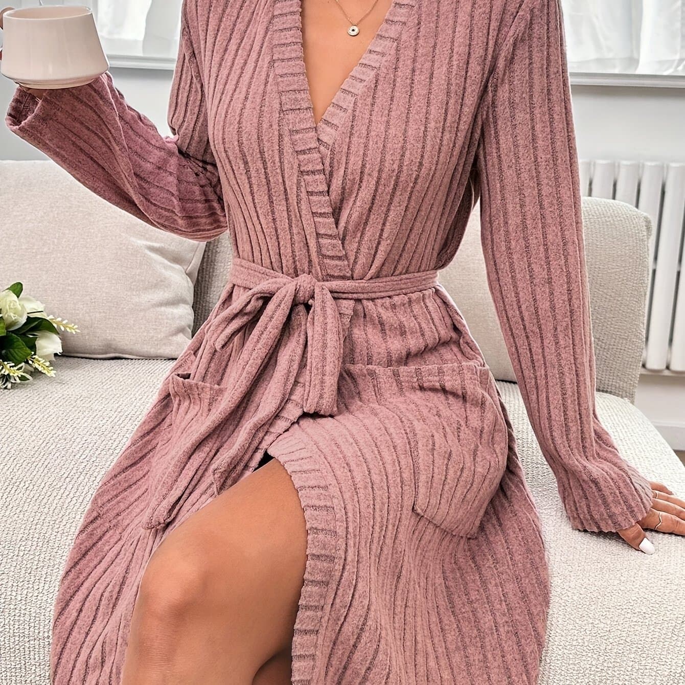 TEMU Elegant Style V-neck Solid Color Belt Ribbed Bathrobe