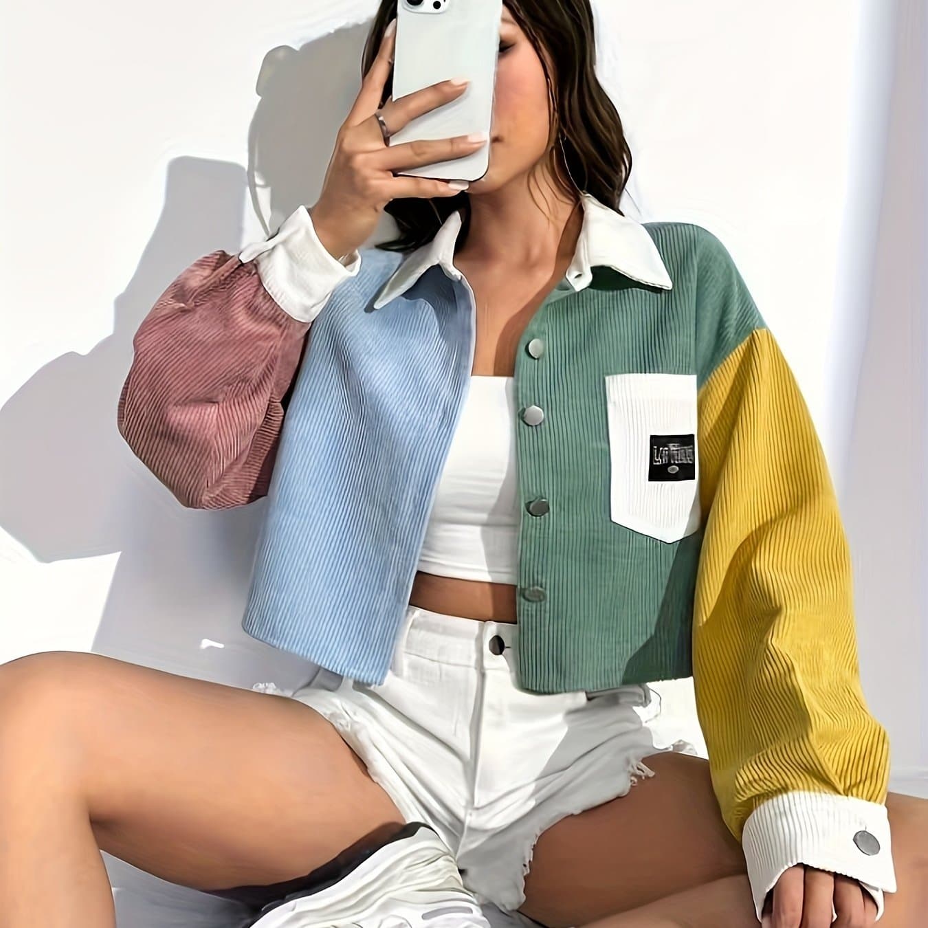 TEMU Color Block Letter Patch Off Shoulder Jacket