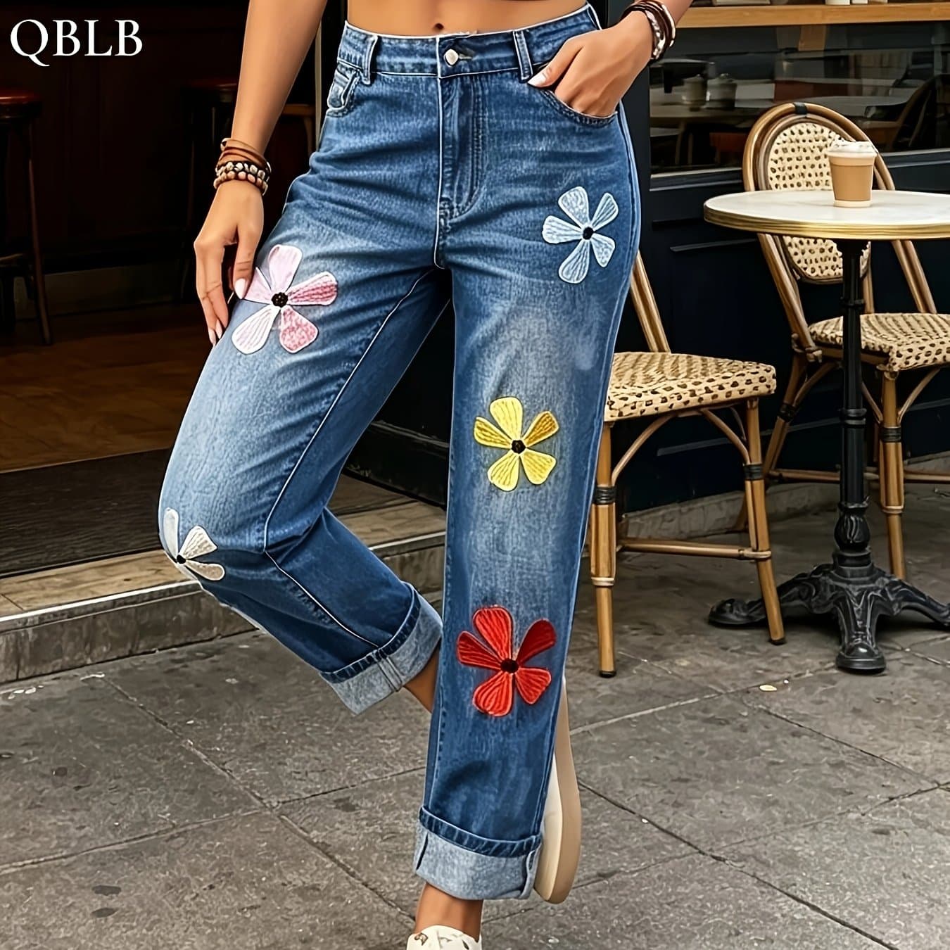 TEMU Women' Mid-waist Slim-fit Rolled-up Straight- Jeans - Washed With Print & Rolled Ankle, Machine-washable All- Pants Suitable For Work, Casual, Weekend & For Home Outfits