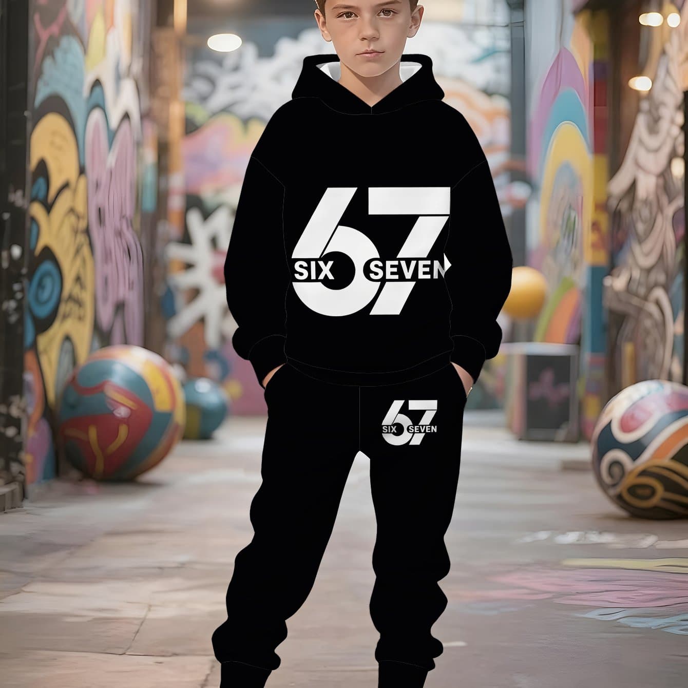 TEMU [cool Casual| Digital Printing] Boys' Number "67"- Themed Creative Print, Trendy Hooded Sweatshirt Set, 3d Full- Print, 95% Polyester 5% Spandex Knitted Fabric, Perfect For Outdoor