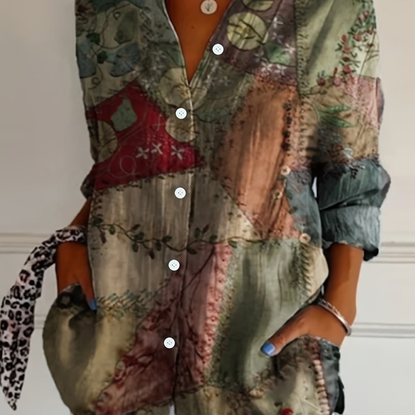 TEMU Women's Casual Long Sleeve Button-up Shirt - Vintage Floral Print With Paisley & Geometric Patterns, Classic Collar, Machine Washable, Versatile Top For Casual Attire, Relaxed Fit
