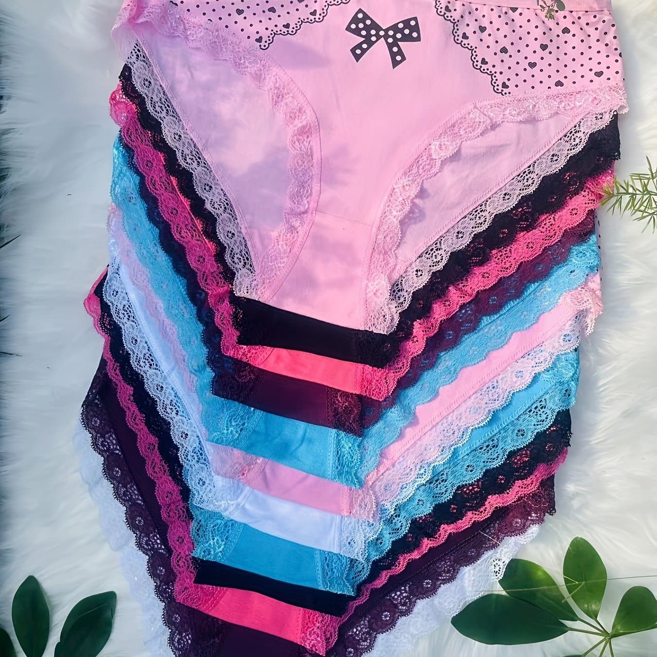 TEMU 12pcs Elegant Contrast Lace Briefs | Plus Size With Bow And Heart Print, Comfortable & Breathable Stretchy Women's Lingerie & Underwear