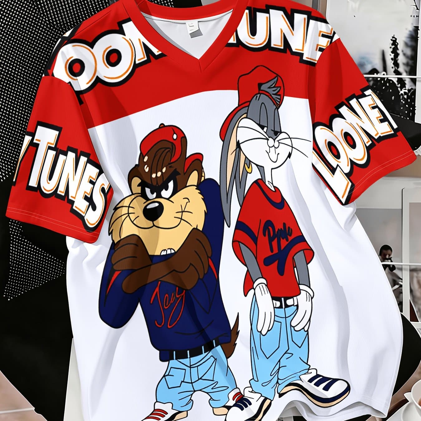 TEMU Licensed Looney T-shirts For - Plus Size V-neck Retro Tee With, , Looney Print - Casual Streetwear, Gym, Beachwear Suitable For Campus, Fitness, Casual Attire - Christmas Gift, Plus Size