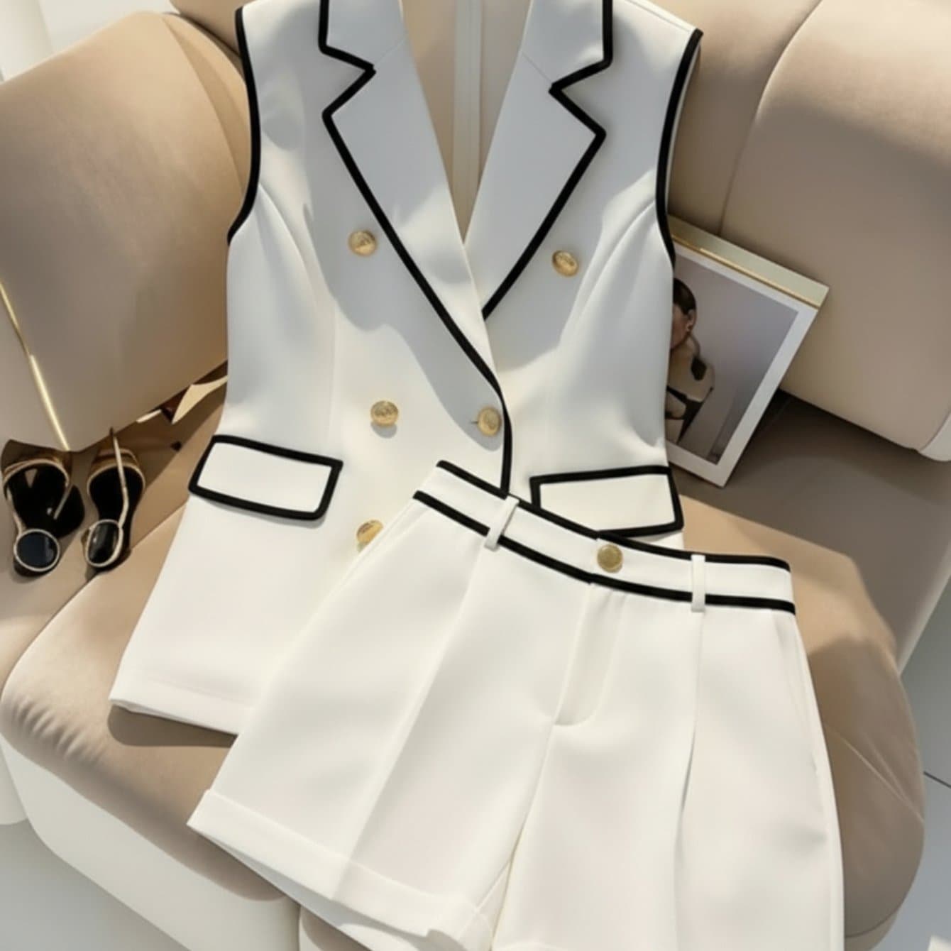 TEMU A Two-piece Suit For Women Featuring A Double-breasted Vest And Shorts With White And Black Accents. The Contrasting Trims Provide A Polished