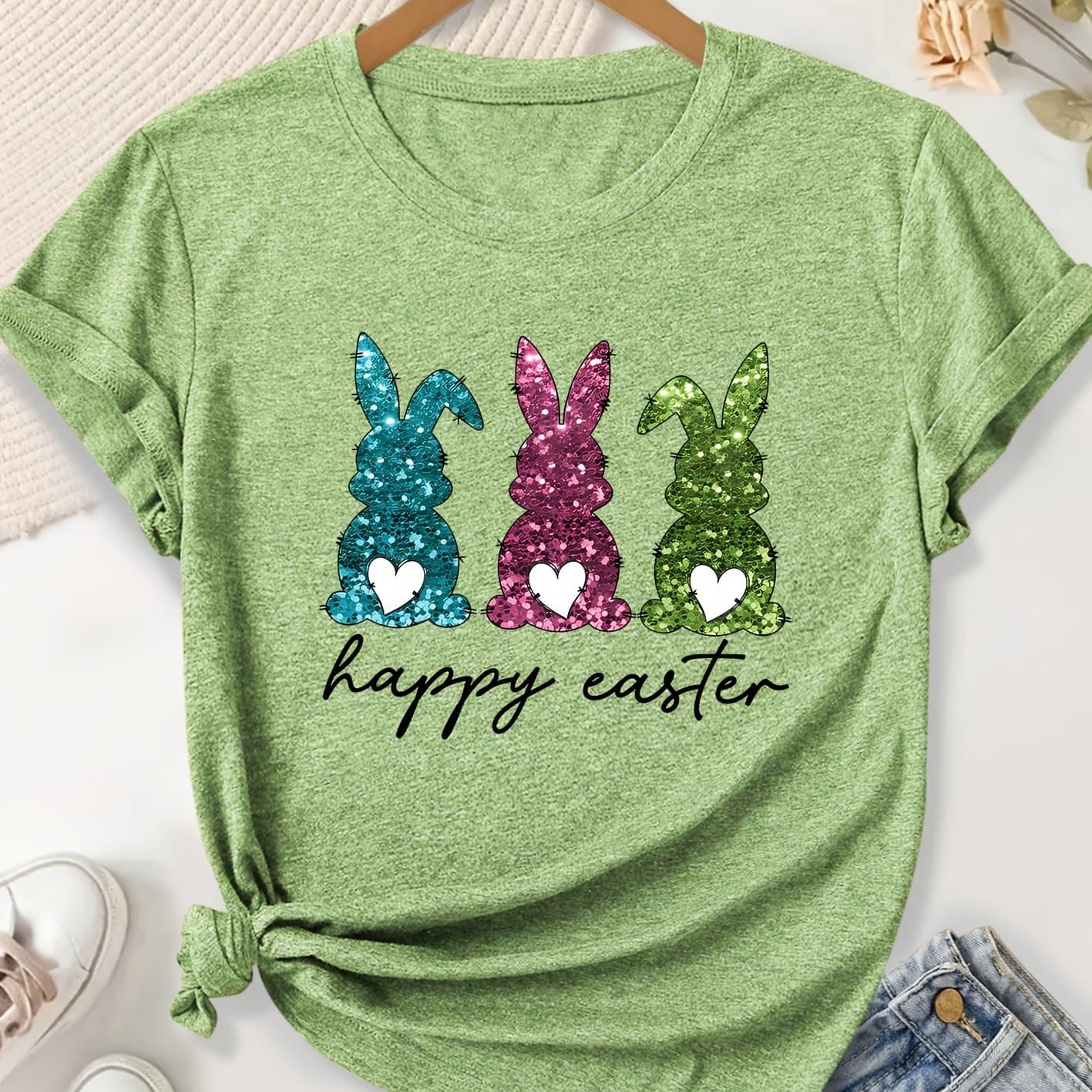 TEMU Women' Sequined Heart Rabbit English Letter Print Round Neck Short Sleeve T-shirt Spring Summer Autumn Winter Women's Top