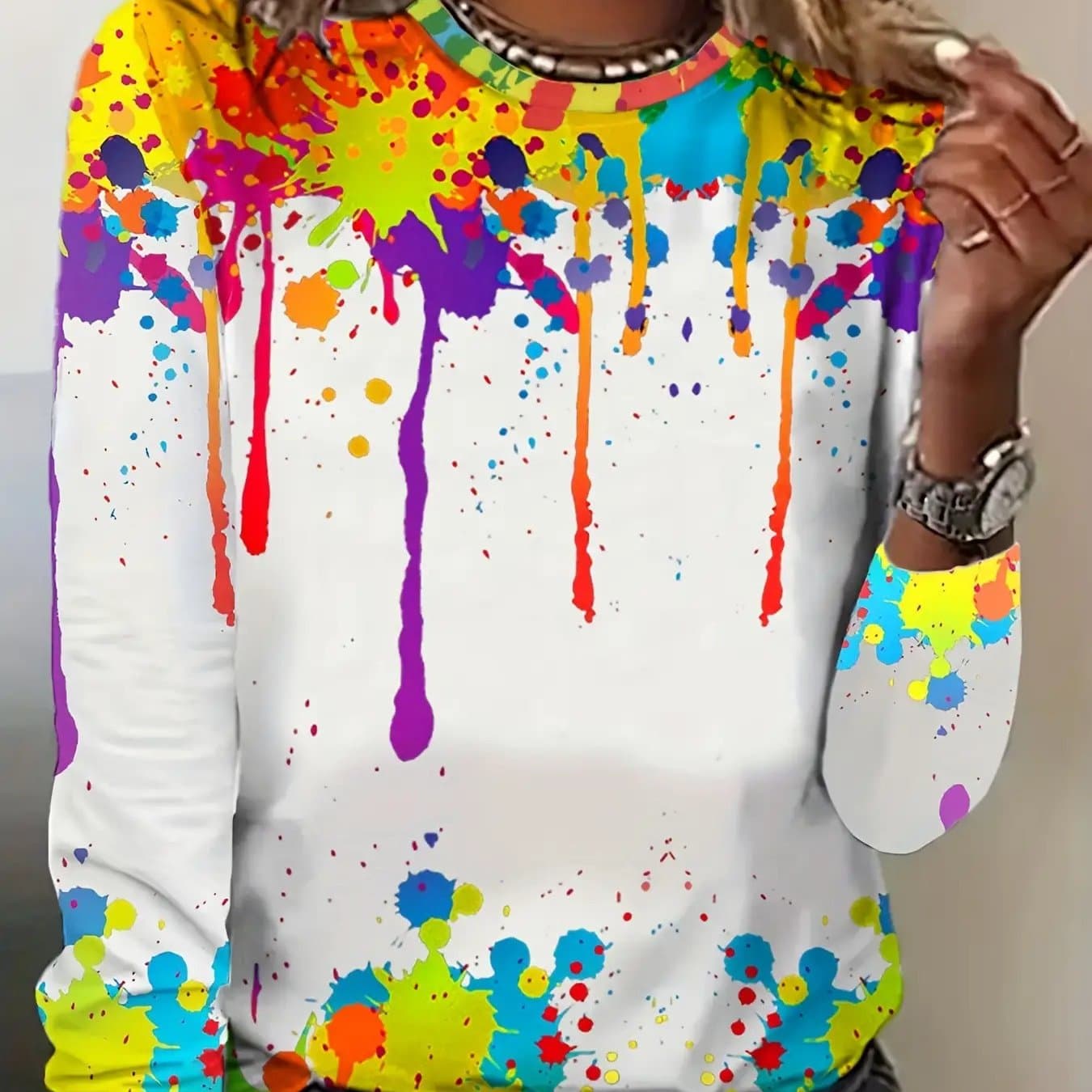 TEMU Spring And Autumn Women's Casual Long Sleeve Round Neck T-shirt, Ink Splash Print, Fashion Top