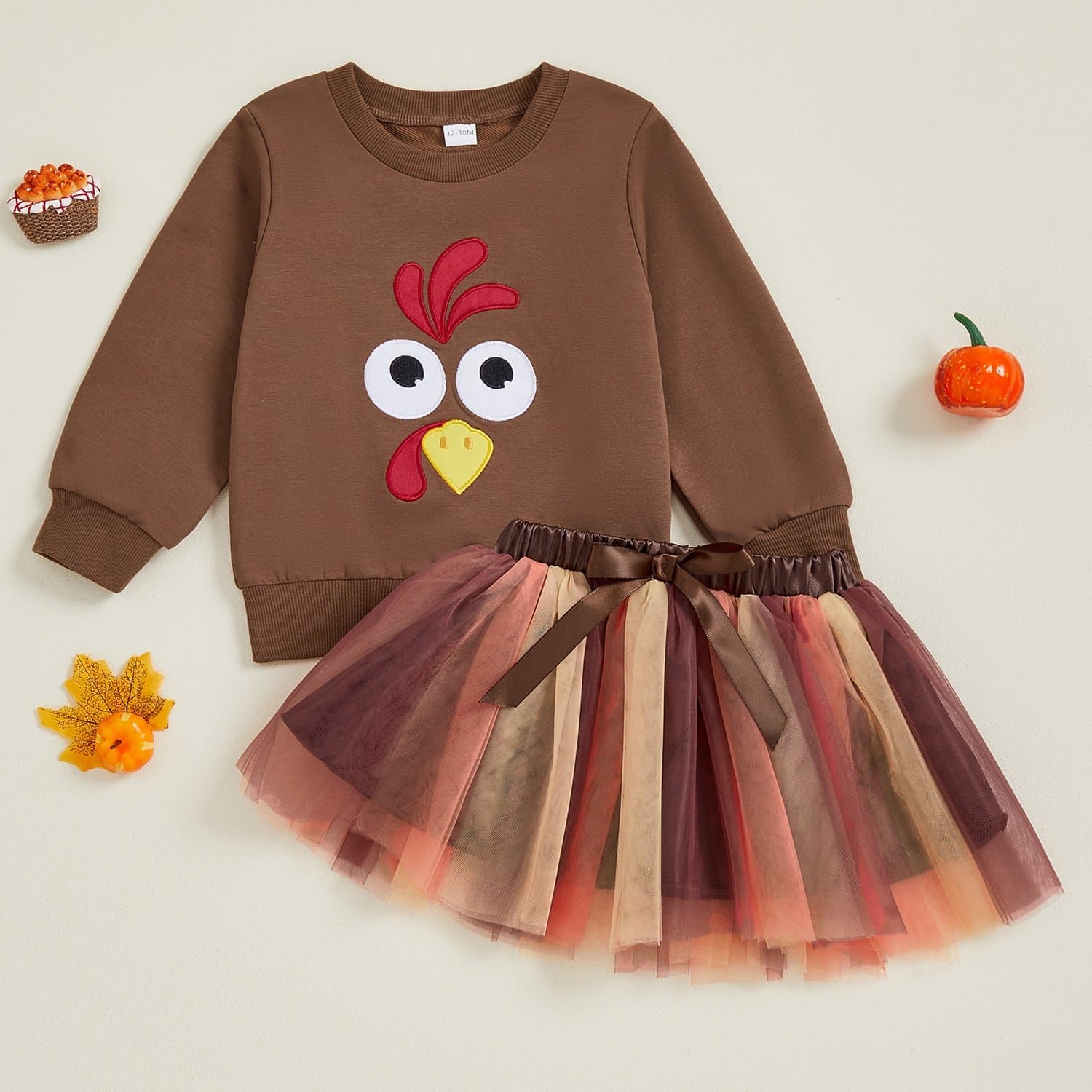 TEMU Girls' Two-piece Set Featuring A Long-sleeve Embroidered Turkey Sweatshirt With A Tulle Skirt, Perfect For Thanksgiving, For Outdoor