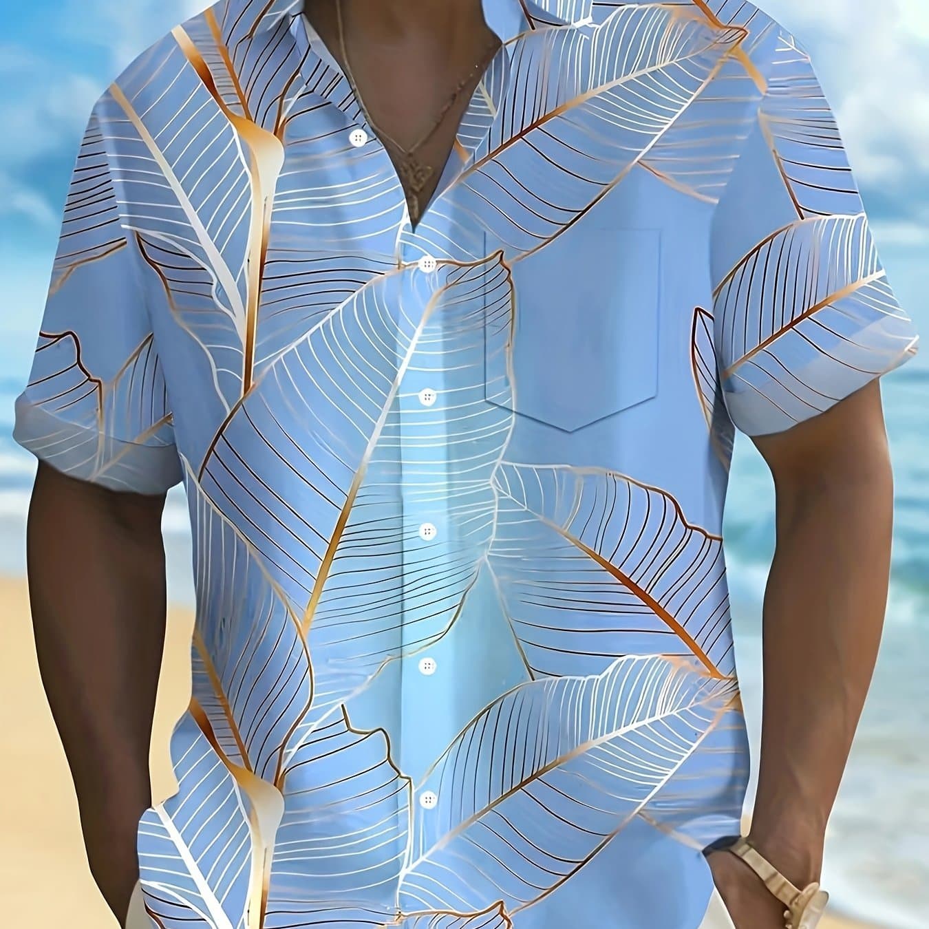 TEMU Men's Summer Shirt With Leaf Graphic Design, A Trendy Short-sleeve Casual Option For Men