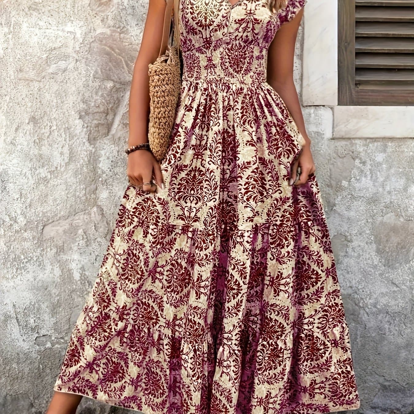 TEMU Plus Size, European And Size Women's V-neck Waist-cinching Short Sleeve Printed Long Dress, Vintage Bohemian Style, Loose Fit Flattering And, Summer Beach Vacation Daily Maxi Dress
