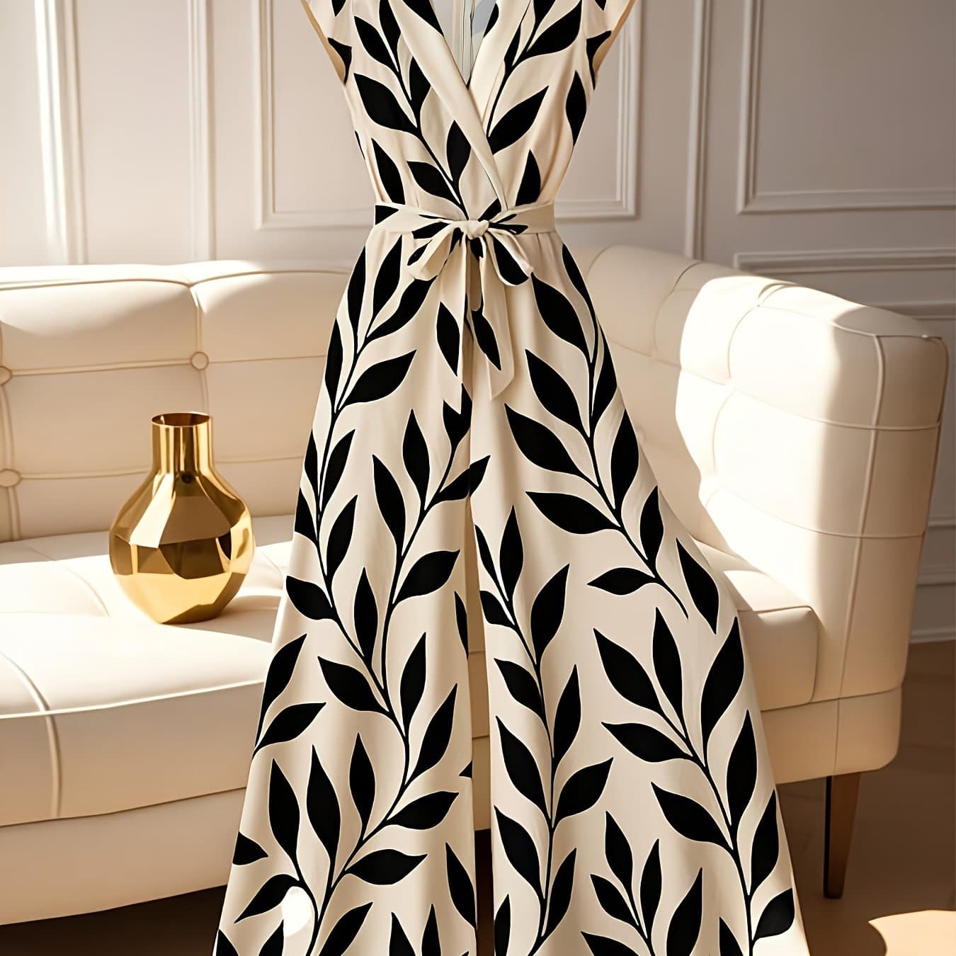 TEMU Women's Elegant Leaf Print Floral Wide-leg Waist-tie Jumpsuit