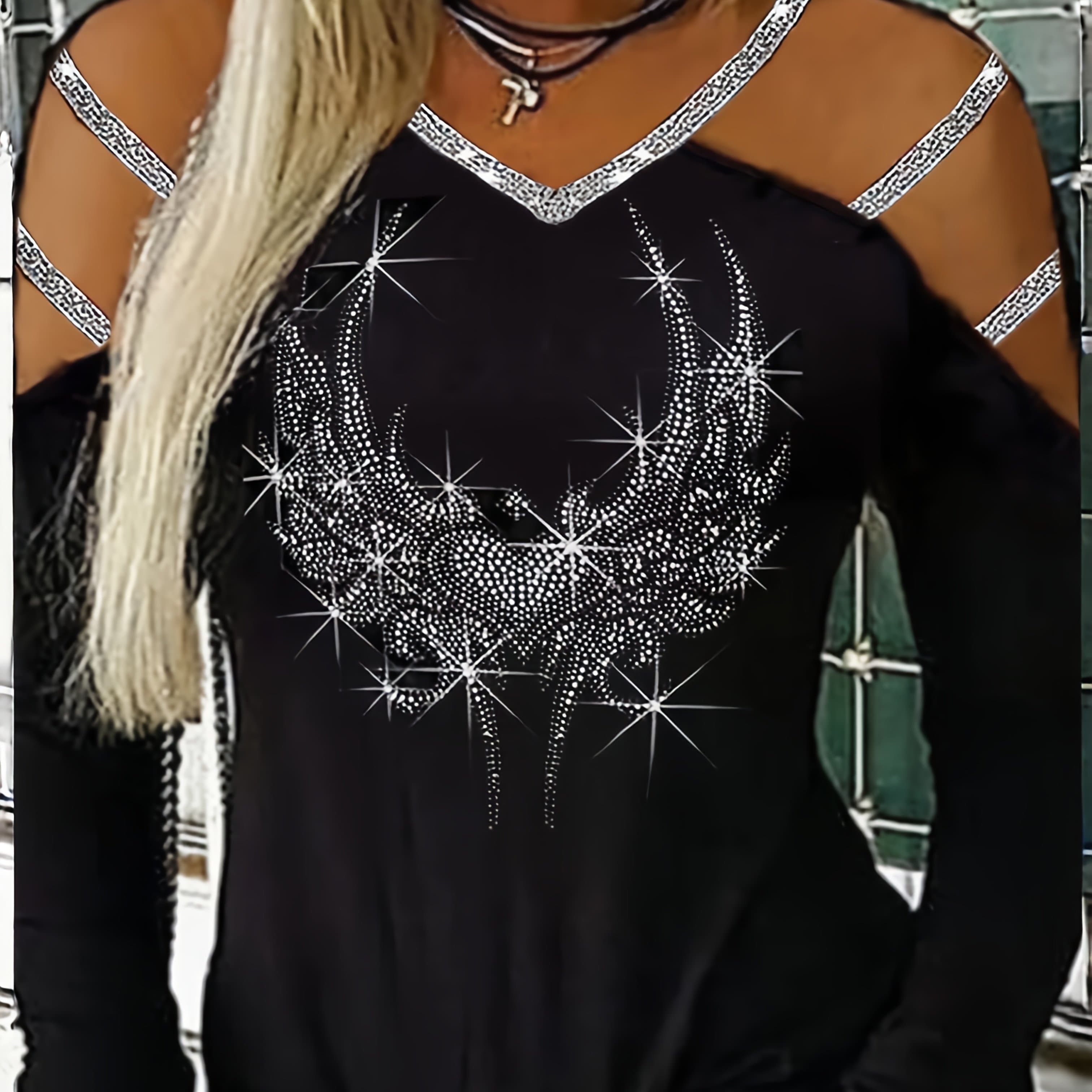 TEMU Stylish Women' Sexy Off-shoulder T-shirt Long Sleeve Valentine's Day Heart Glitter Top
