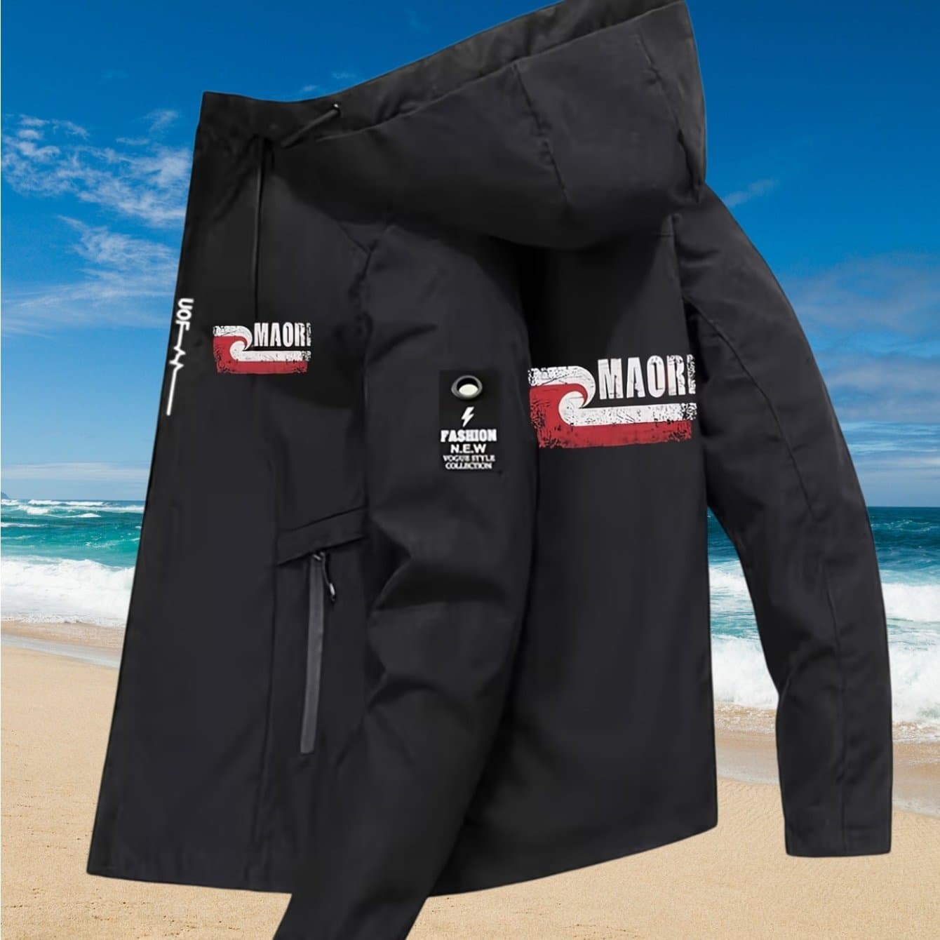 TEMU J2130-128 Is A Unisex Windproof Jacket Featuring An Maori Letter Logo Print. It Combines Fashion , Making It A Versatile Men's Hooded Jacket Street Style Fashion