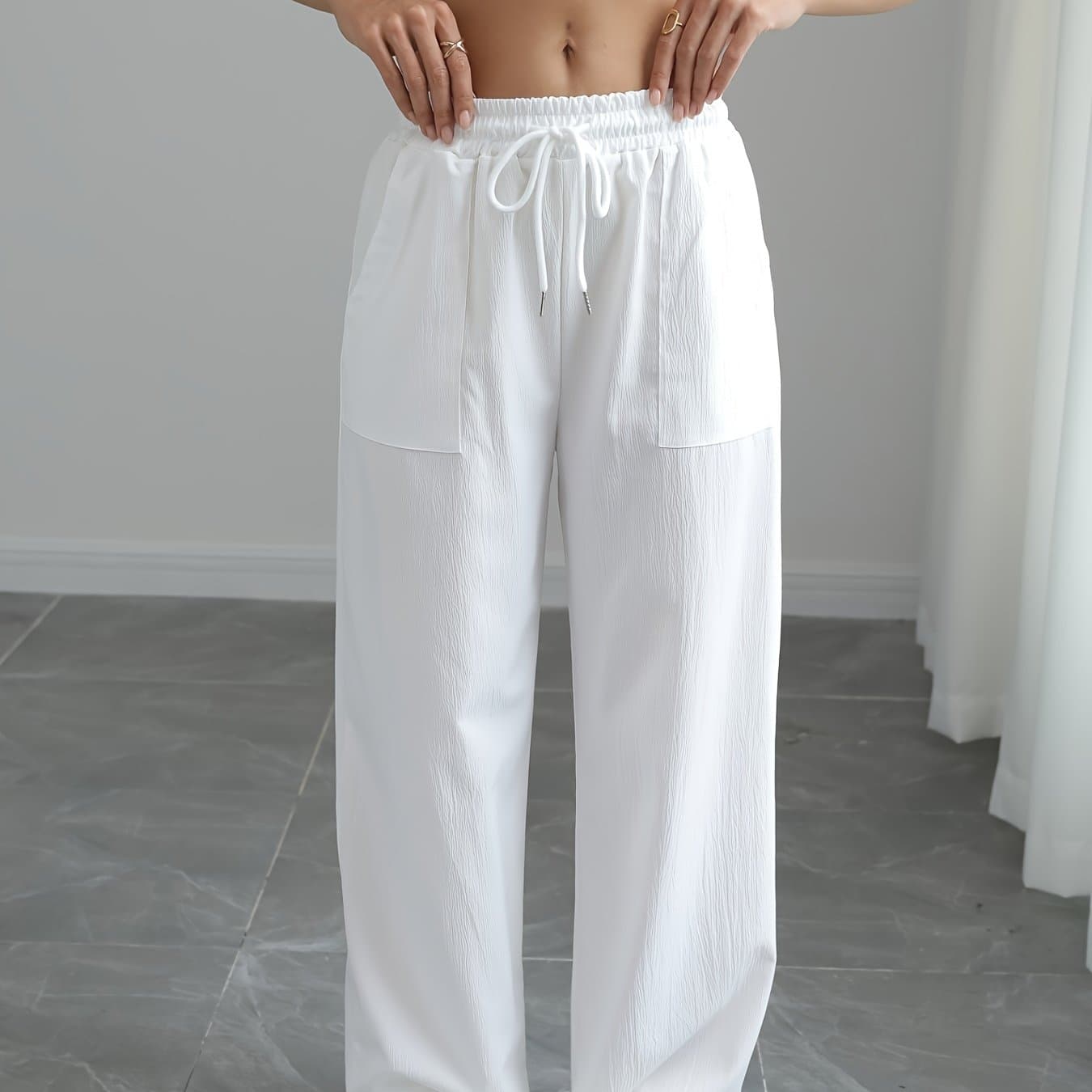 TEMU Women's Casual Solid Color, Loose Wide-leg High Waist With Drawstring Slightly Stretchy Straight Pocket Cargo Trousers