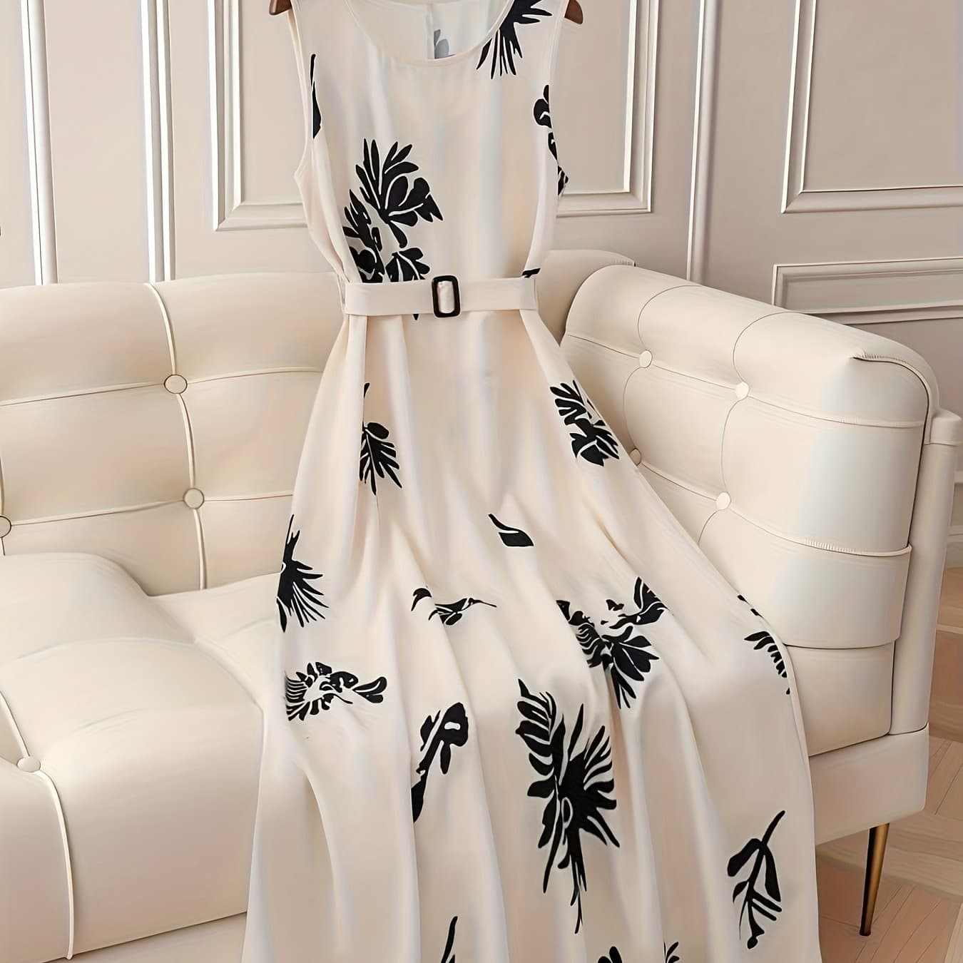 TEMU Women's Elegant A-line Sleeveless Maxi Dress With Round Neck & Back Lace Up - Plain & Plant Print Long Skirt, Machine Washable Summer Dress For, Wedding Guest, Office - Spring Summer Fall Wear