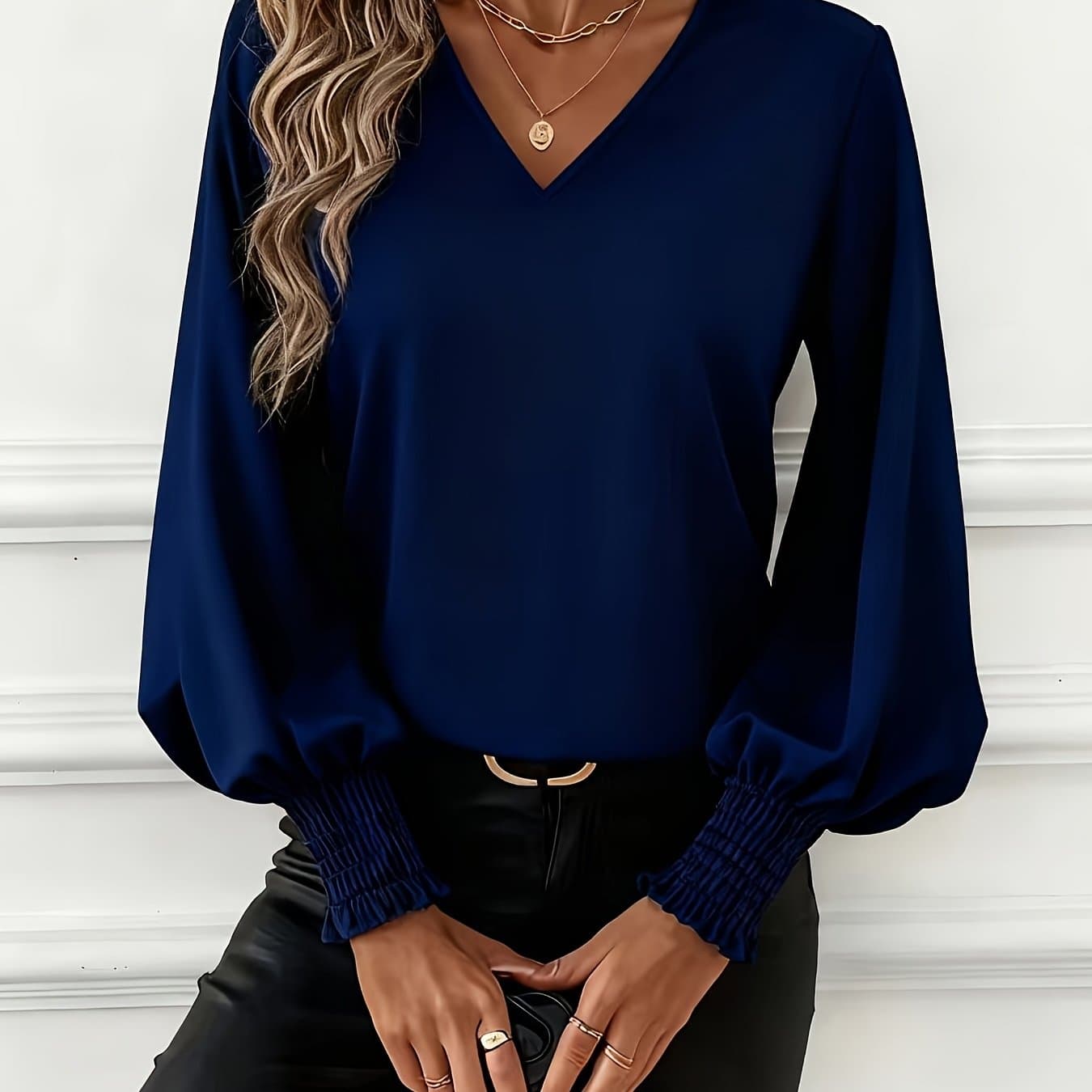 TEMU Women's Elegant Solid Lantern Sleeve Blouse - Beautiful V-neck Long Sleeve Shirt, Cuff Design, Easy Long Sleeve Top, Suitable For Spring/autumn Casual Or Fashionable Attire. Chic Casual Wear