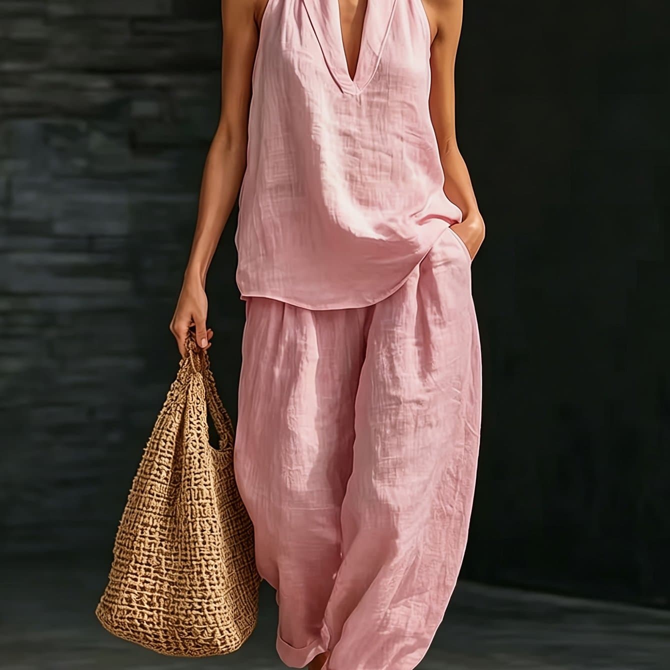 TEMU 2pcs The /summer 2026 Women's Halter-neck V-neck Sleeveless Casual Suit Is Suitable For Daily Casual Wear,, The Size Is Small, And A Larger Size