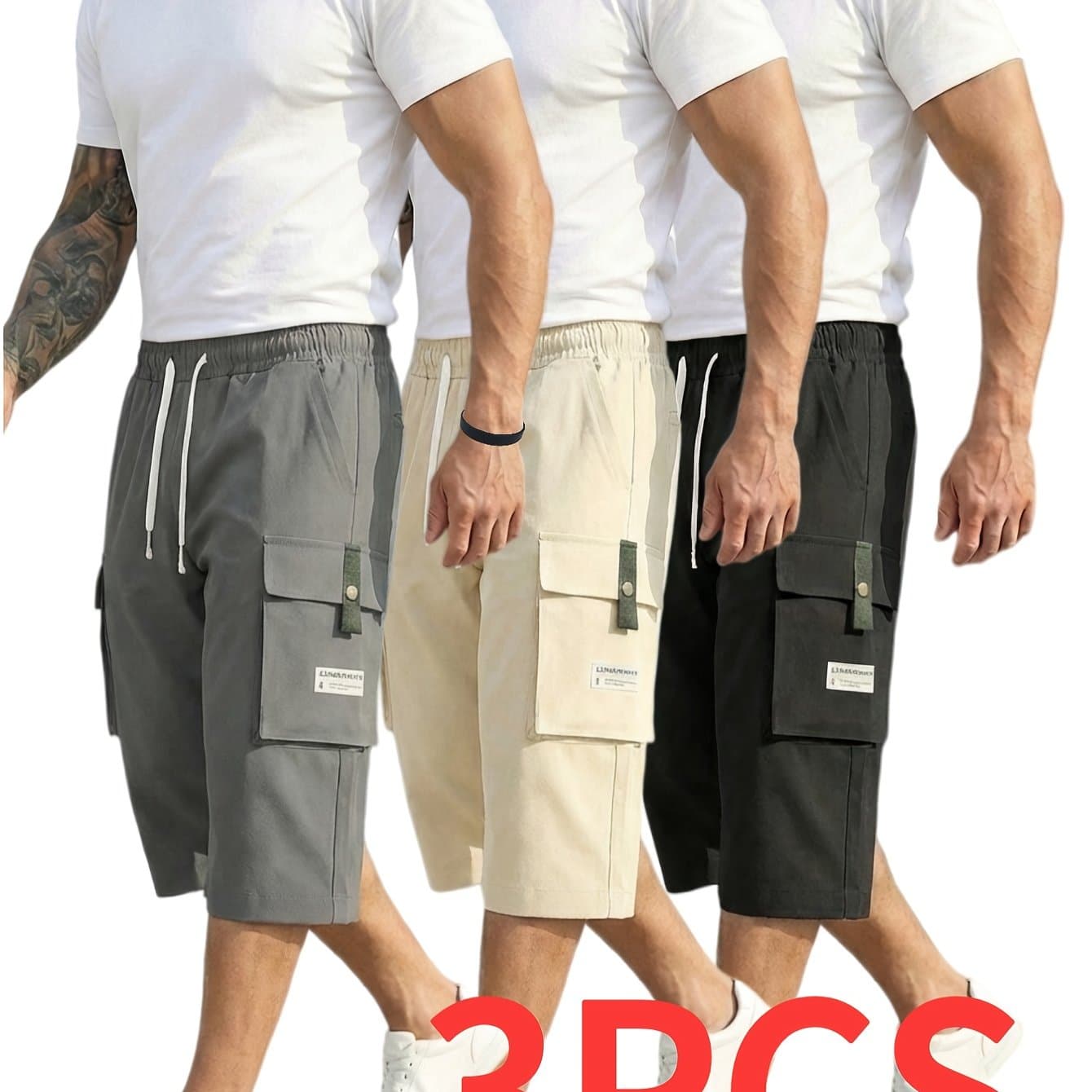 TEMU 3-pc Men's Cargo Shorts | Fabric With Multiple Pockets, Adjustable Waist, 3/4 Length, Includes Wristband | Suitable For Outdoor Travel, Sports, Casual Wear | In Black, Grey, Khaki