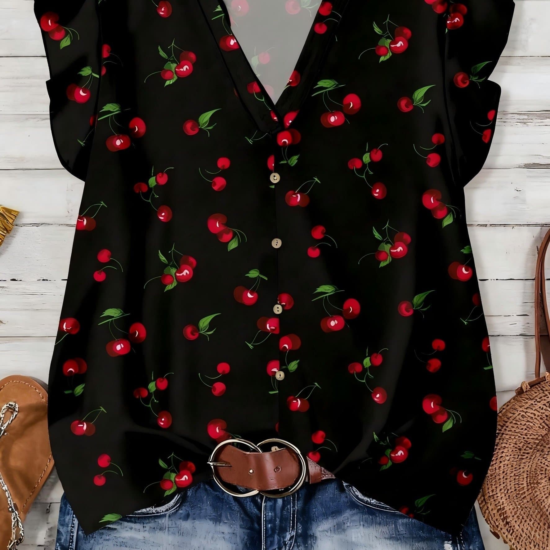 TEMU Women's Summer Casual Elegant Covered Sleeve Loose Shirt, Cherry Pattern Shirt, Women's Casual Top, Summer Floral Top, Ladies' Shirt For Home And Work