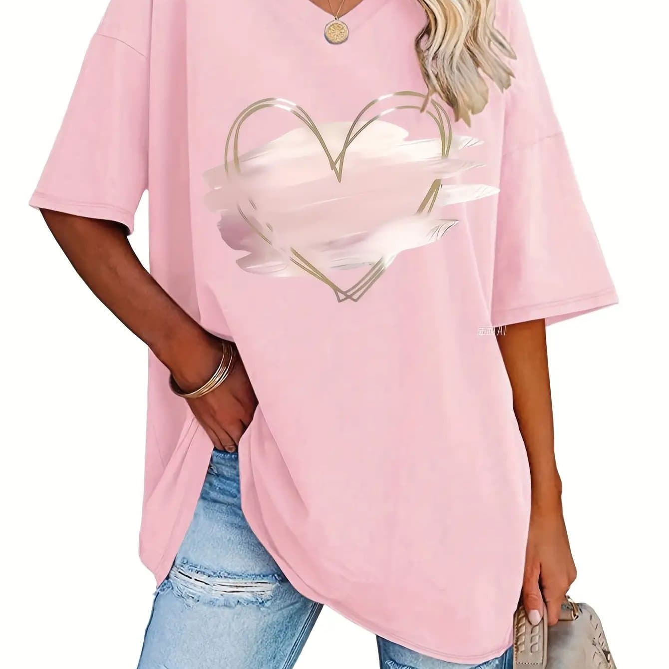 TEMU Relaxed Fit Short Sleeve V-neck Top For Plus Sizes
