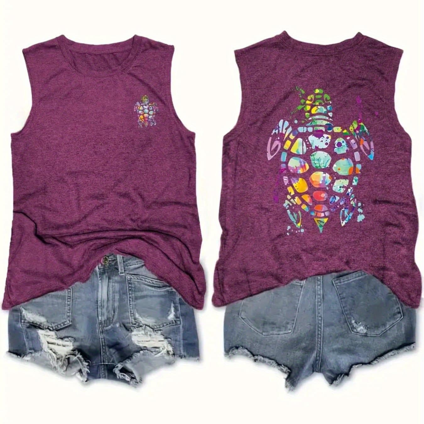 TEMU Turtle Women's Graphic Tank Top - Sleeveless Tee Featuring A Bright Turtle Design - Ideal For Beach Enthusiasts, Summer, And Everyday Wear - Comfortable, Offered In Sizes