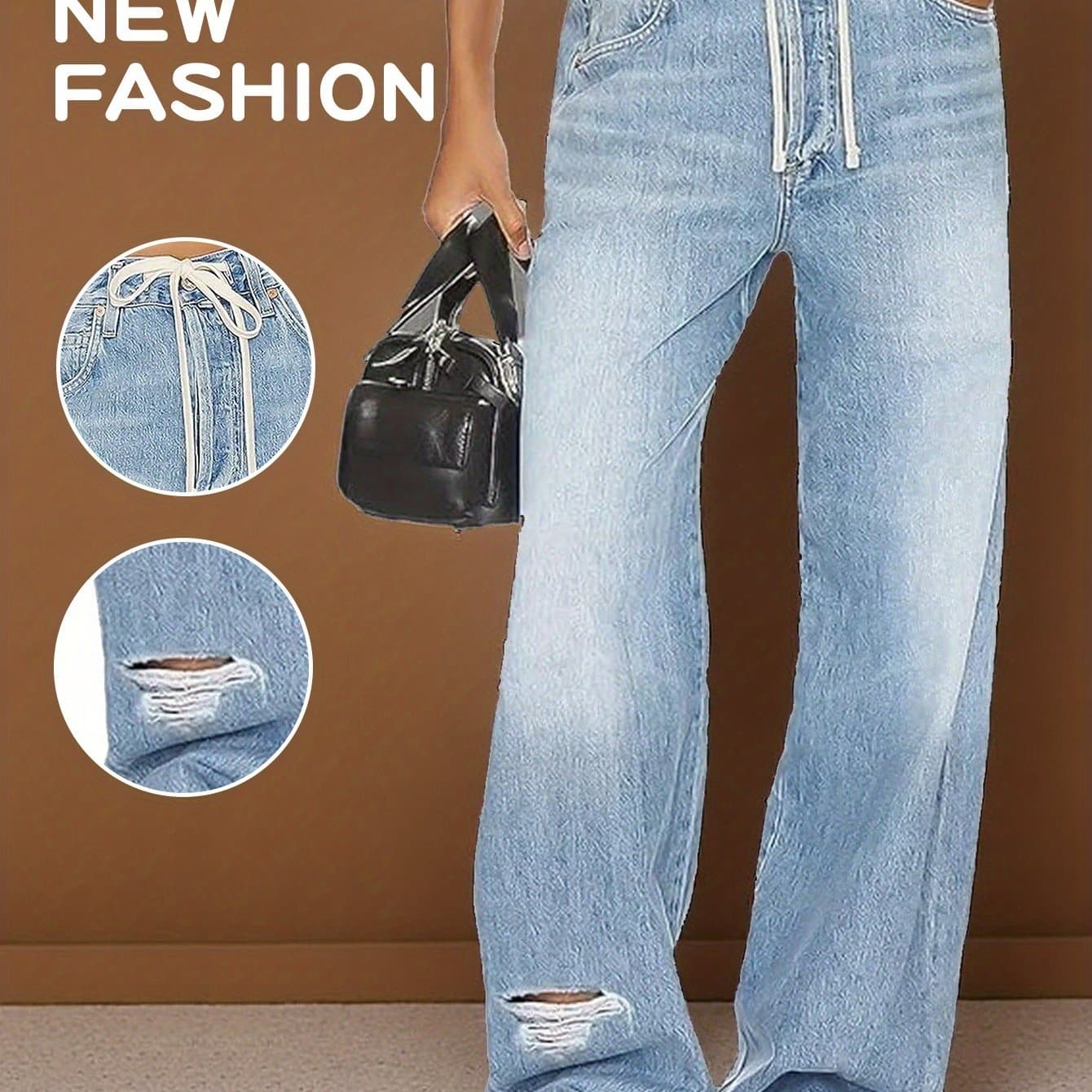 TEMU Women's Wide Leg Mid-waist Casual Drawstring Hollowed Out Jeans With Pockets, Comfortable And Versatile, Casual And Fashionable, Very Suitable For Work, Travel, Shopping And Daily Wear