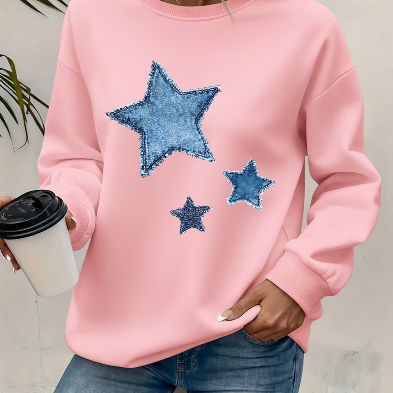 TEMU Women's Stylish Round-neck Sweatshirt, Featuring A Printed Design, Autumn And Winter With Added Fleece