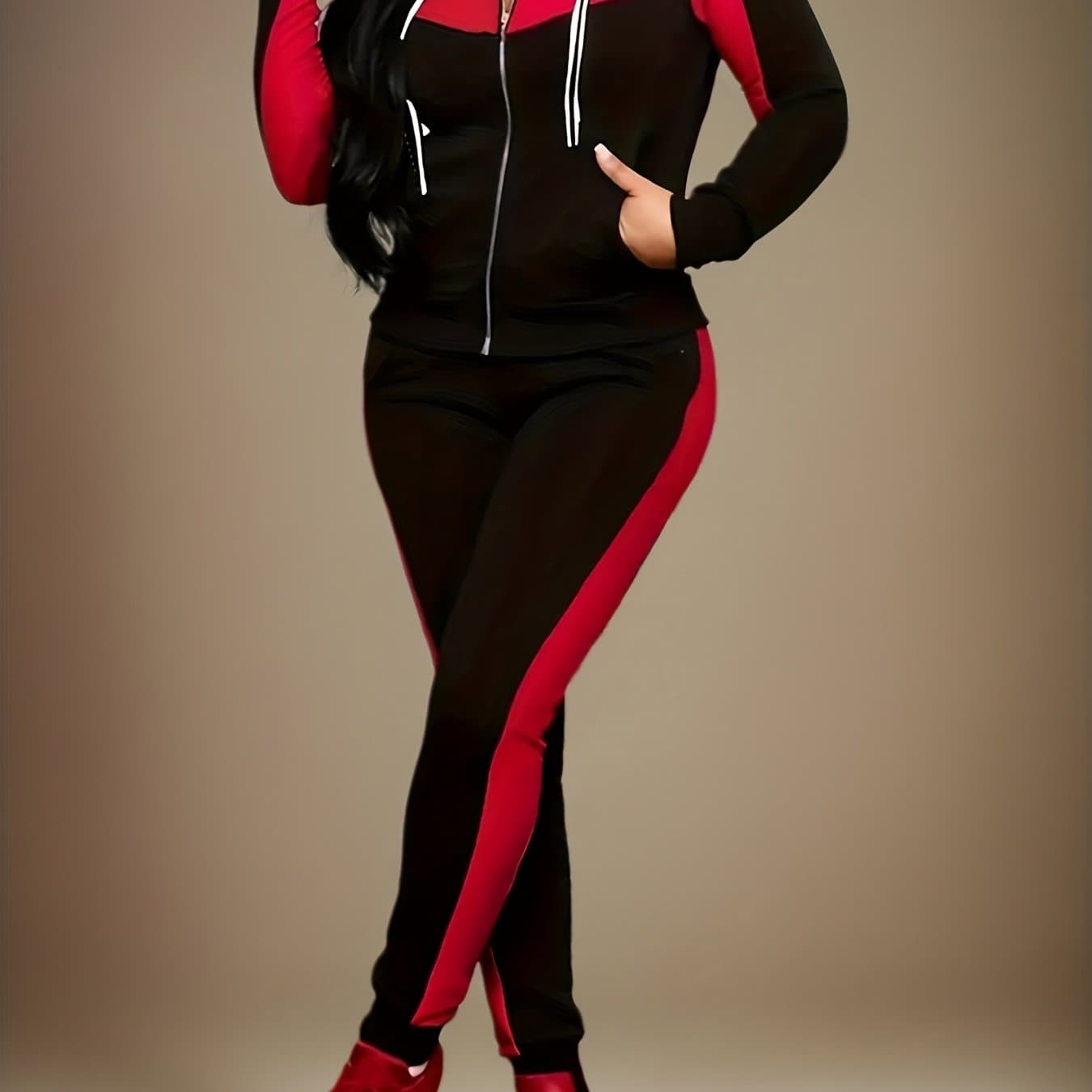 TEMU 2025 Women's New Camouflage Printed Hooded Sweatshirt And Jogging Pants Set, With Zipper Hooded Long Sleeves And Red And Black Jogging Pants, Two-piece Set