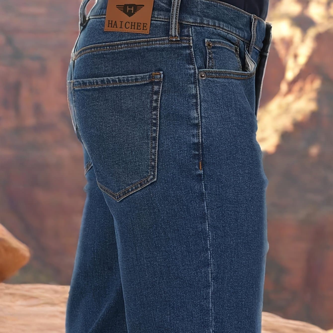 TEMU Men's Versatile Straight-leg Jeans | Stretch Casual Mid-waist Denim | Outdoor And Daily Wear Loose Fit, Mid-waist Design Valentine's Day Gifts