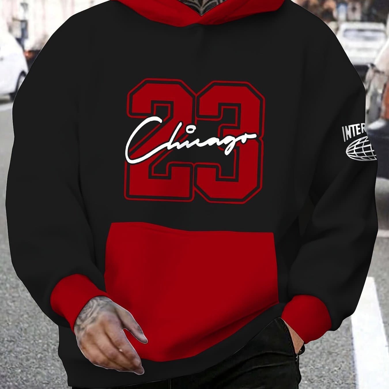 TEMU "chicago #23" Alphabet Print Men's Hooded Color Sweatshirt With Drawstring Design, Men's Pullover Tops For Spring Autumn