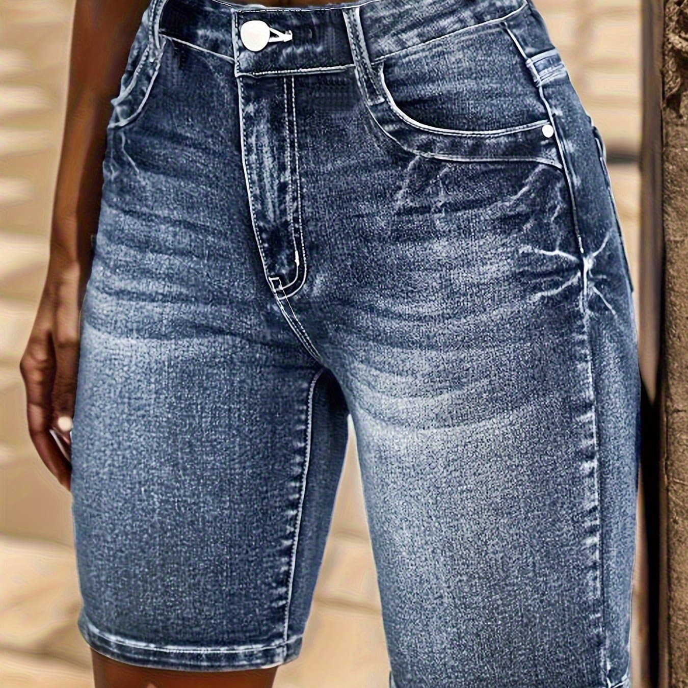 TEMU Women's Stretch Denim Shorts With Embroidered - Casual And Elegant Mid-thigh Length, Washed Blue, Slanted Pockets, Comfortable And Fitted For Spring And Summer