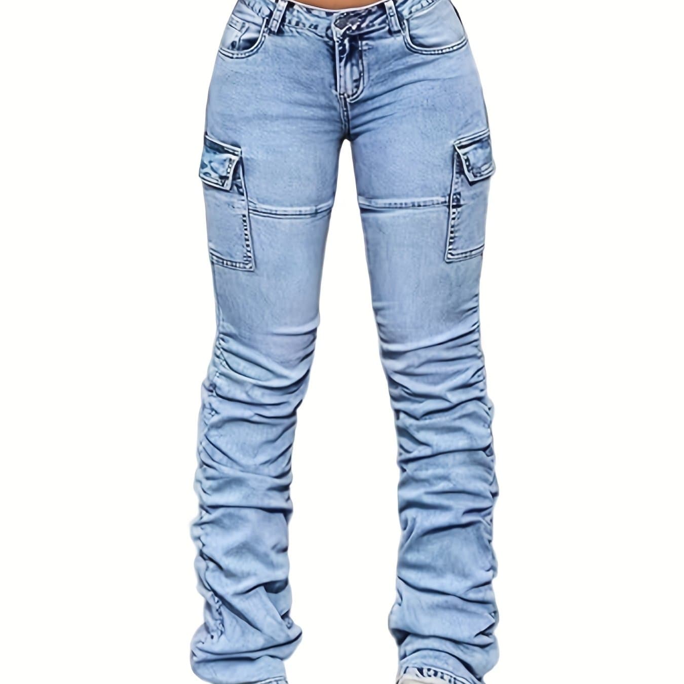 TEMU Sky Blue Stretchy Women's Jeans, Slim Fit With Pleated Design On The Legs, Combining Fashion And Practicality