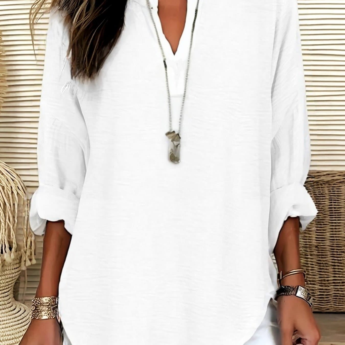 TEMU New Lazy Style Blouse With Distressed V-neck, Drop Shoulder, Solid Color, Long Sleeve, Curved Hem, And Tummy 's Top