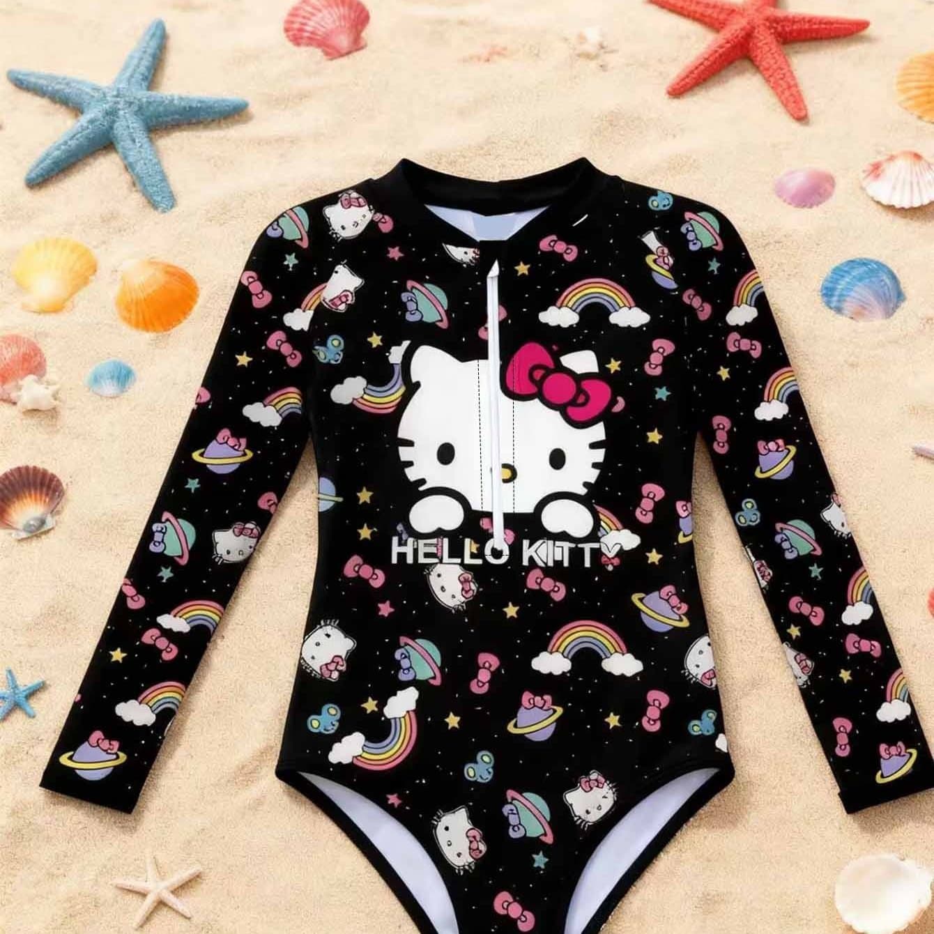 TEMU Hello Kitty Long Sleeve Zipper Swimsuit, Clothing For Girls, For Girls, Girls' One-piece Swimsuit, Suitable For Swimming And Water Sports, Summer Beach Vacation, Swimwear, 1pc Swimsuit
