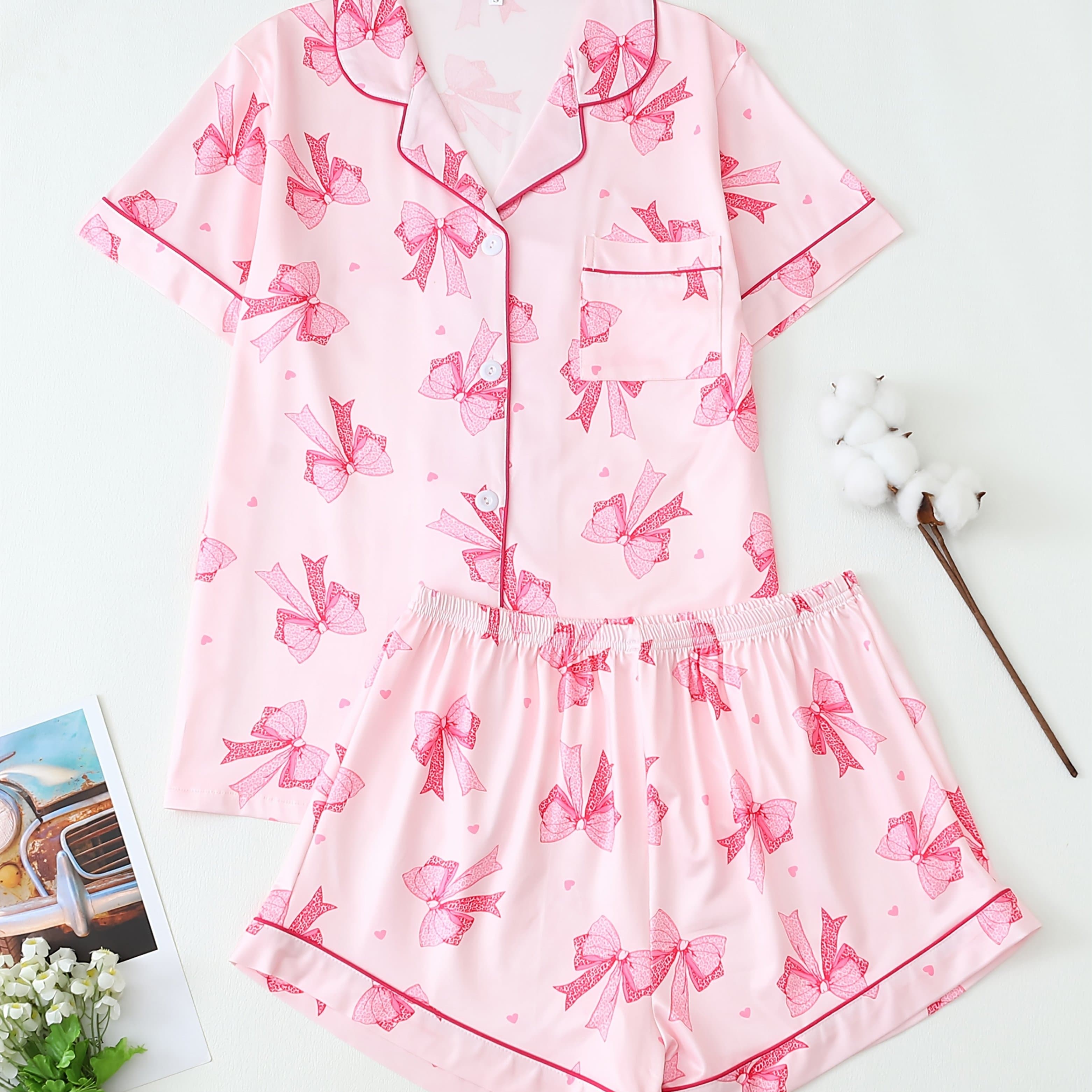 TEMU Women's Pink Bow Print Collar Short Sleeve Shorts Casual Pajama Set