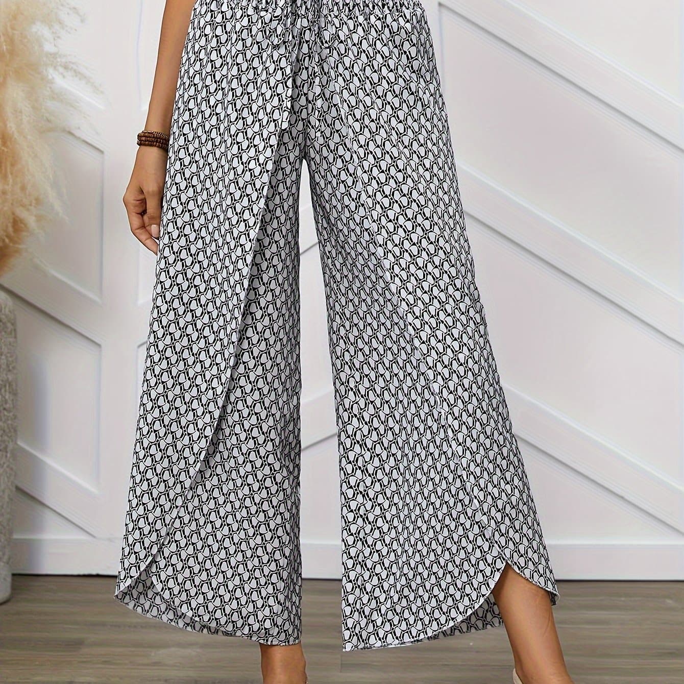 TEMU Women's Elegant Allover Geometric Print Wide-leg Pants With Tulip Hem - High-waisted, Loose Fit, Polyester, Machine Washable - Spring/summer