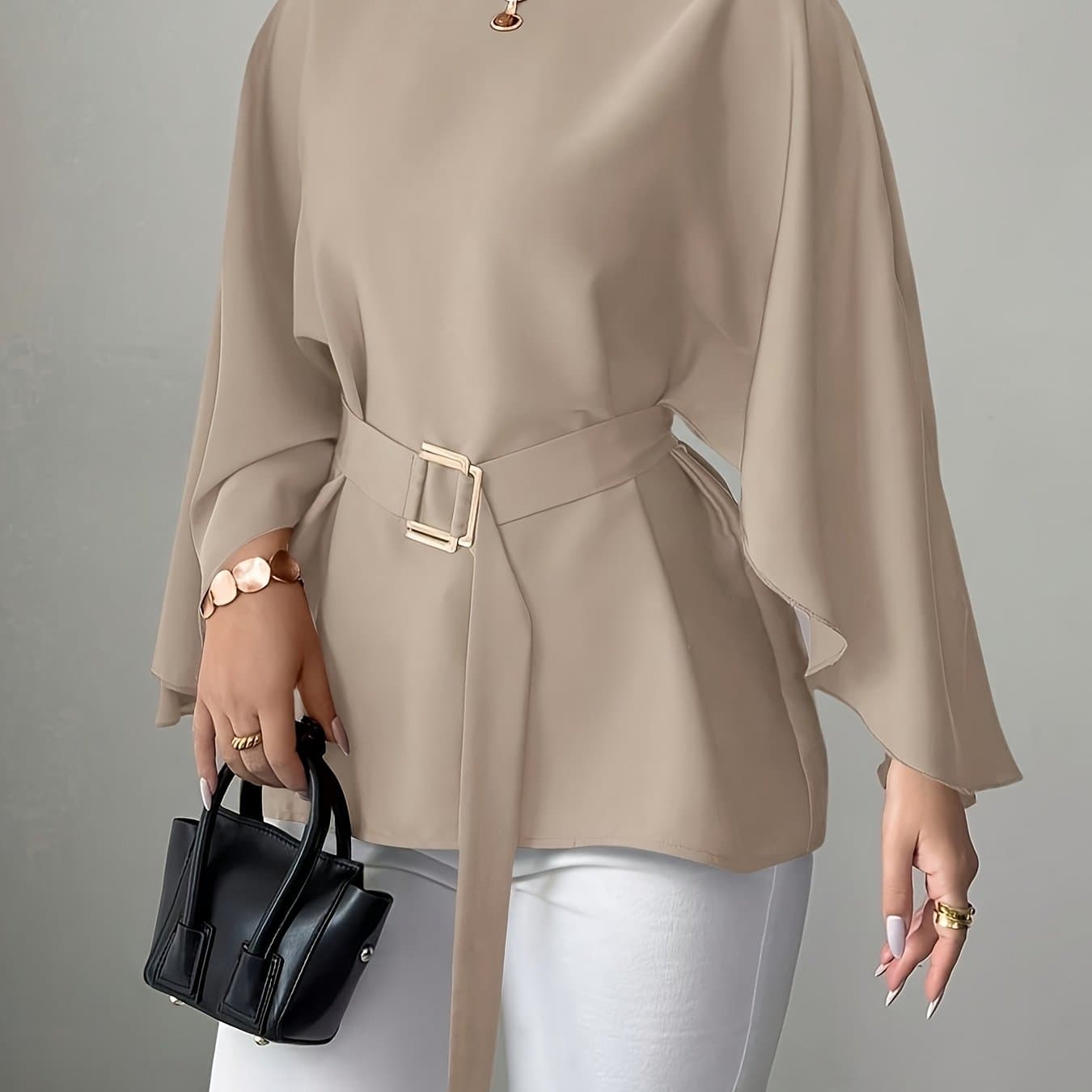 TEMU Women's Round Neck Batwing Sleeve Shirt With Waist Tie 2
