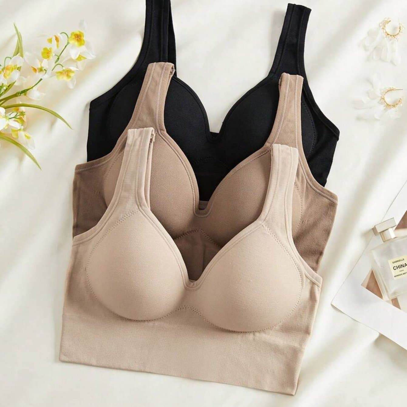 TEMU 3pcs Solid Color Women's Fixed Cup Easy And Elegant Seamless Bra, No Underwire, Wide Shoulder Pads, One-piece Cup, Bra, Sports Bra, Underwear