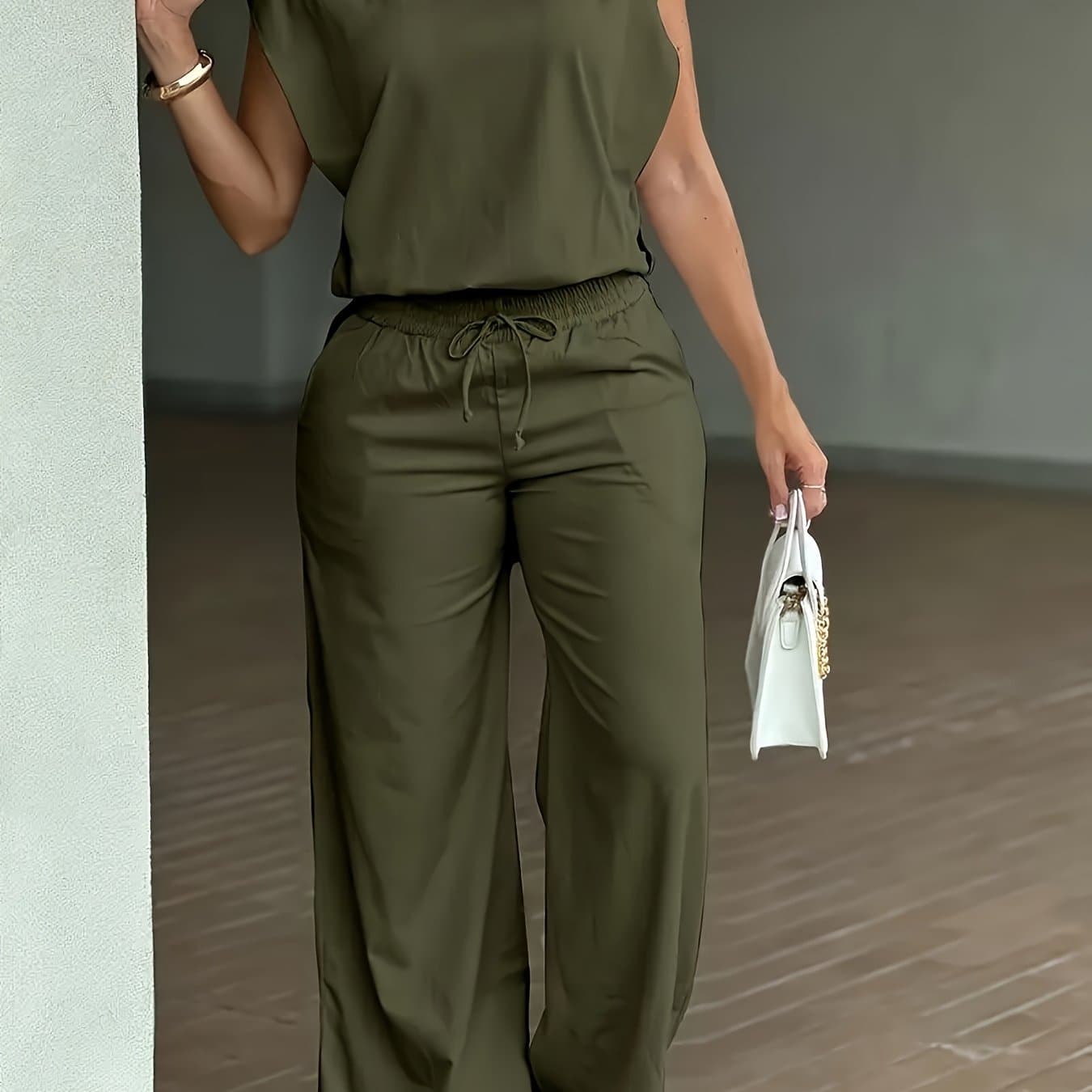 TEMU Popular Women' Color Outfit, Elegant Sleeves - Round Neck Blouse And Wide Leg Pants Set,