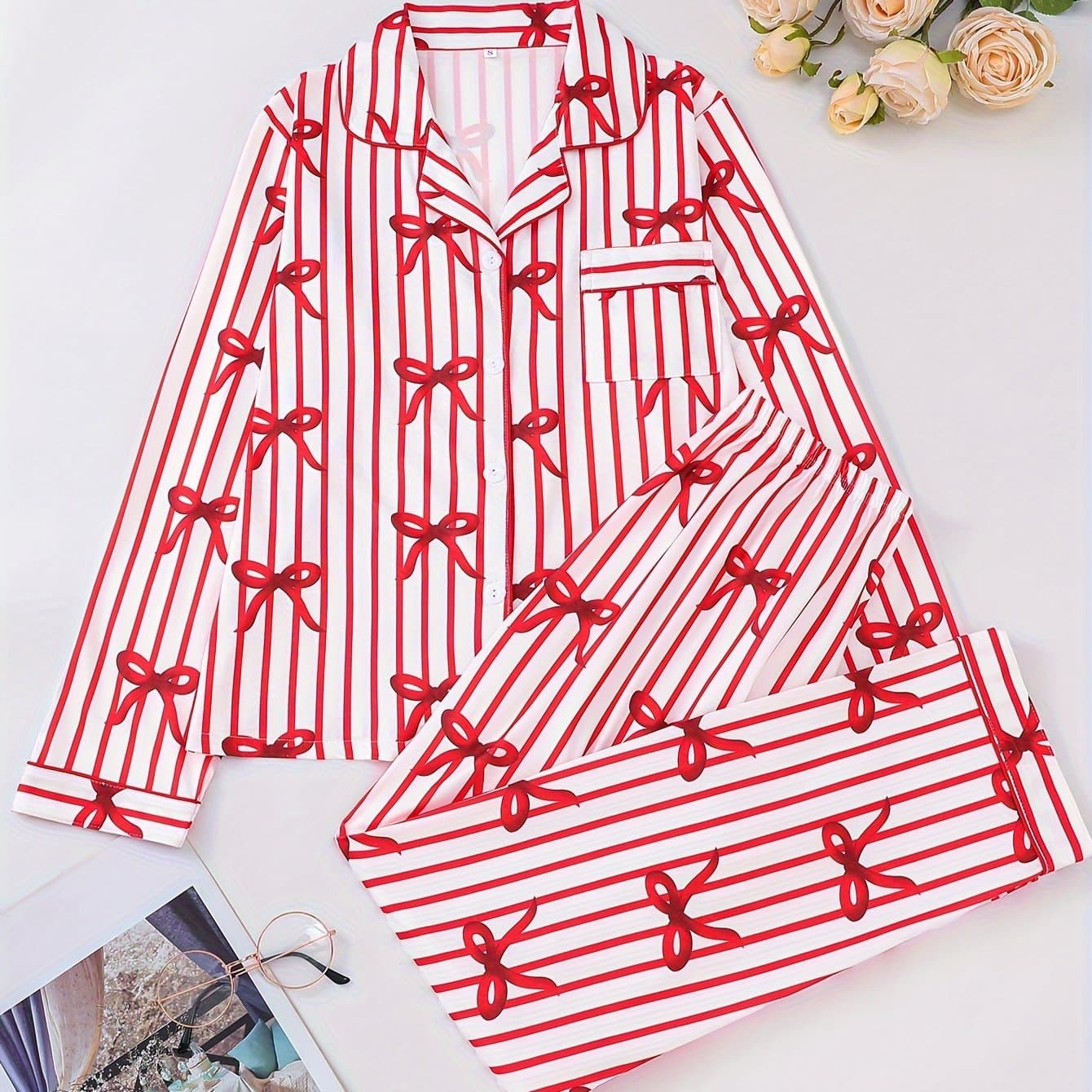 TEMU Casual Valentine's Day Bow Print Long Sleeve Women's Pajamas, Collar Button Long Sleeve Top And Loose Comfortable Pants, Elegant Women's Pajamas And