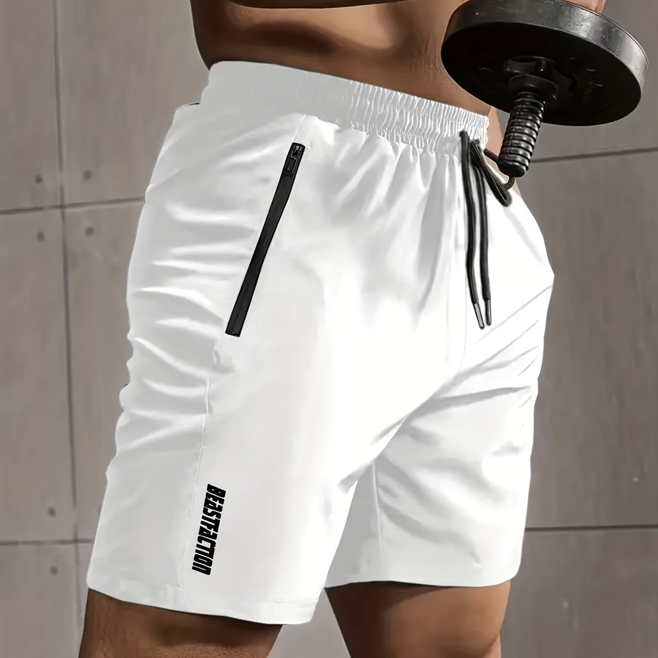 TEMU Men's Quick- Shorts With Zipper Pockets & Elastic Waistband - Lightweight Breathable Workout Shorts For Running, Training, Outdoor Activities - , Machine Washable