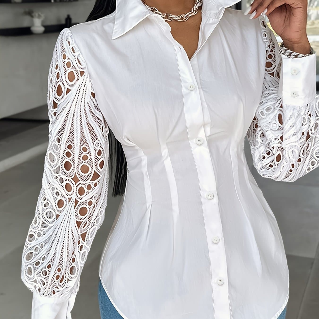 TEMU Lace Hollow Stitching White Shirt Women's Slim Fit And Long-sleeved Lapel Shirt Temperament Commuting Top