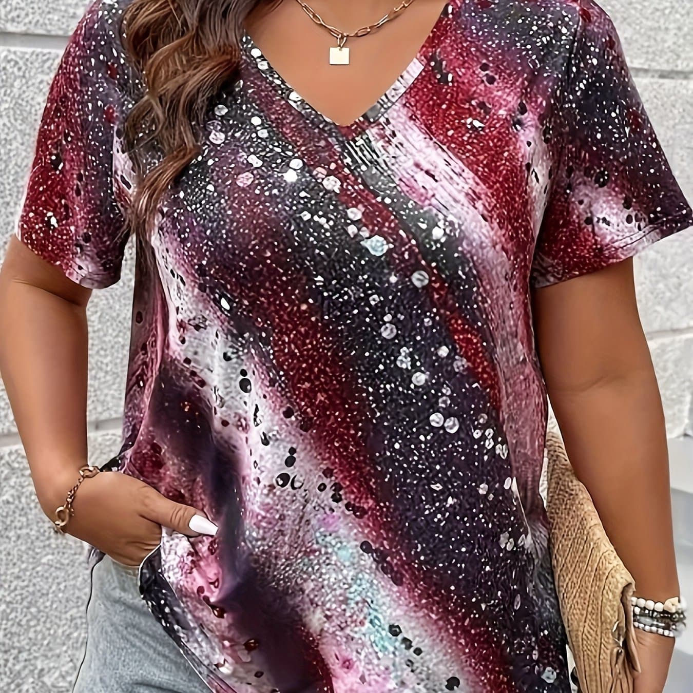 TEMU Plus Size, Summer Hot V-neck Short-sleeve Printed T-shirts For Women, Export European And American Cross-border Women's Clothing T-shirts Knitwear