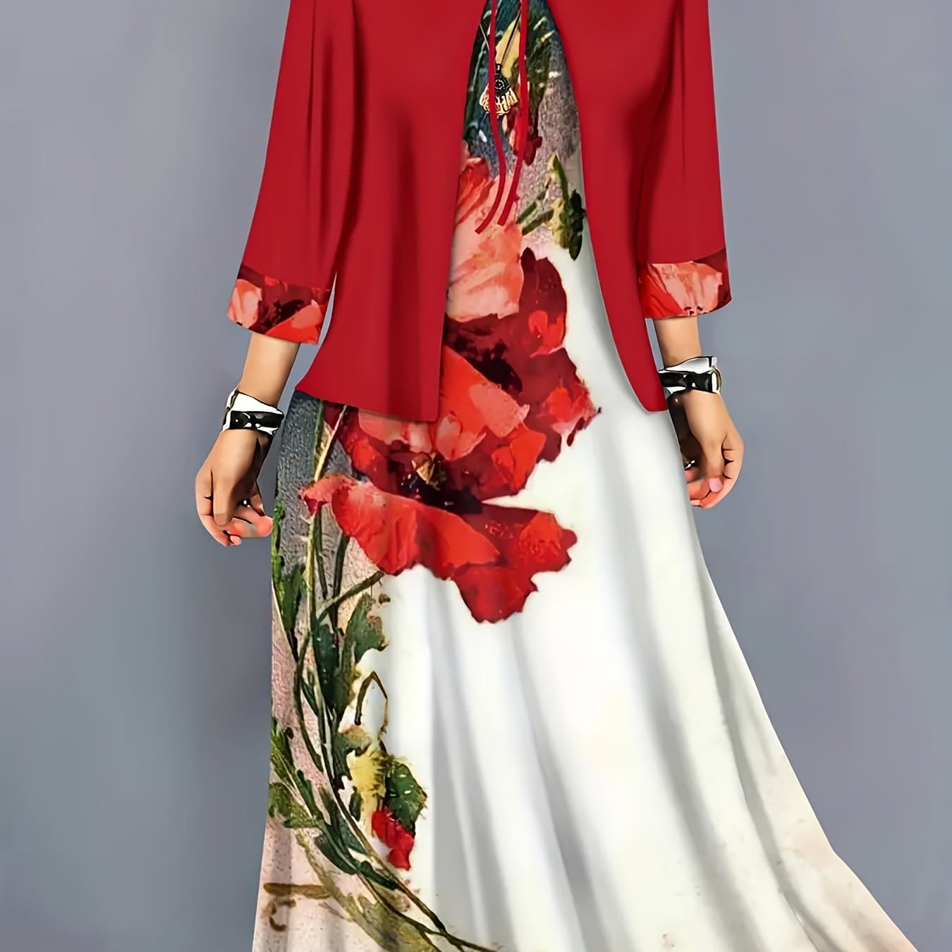 TEMU Elegant Dress Set, Floral Pattern Printed Fashion Vacation Outer Collar Jacket Vest Long Dress Set, Spring Autumn Regular Casual Set
