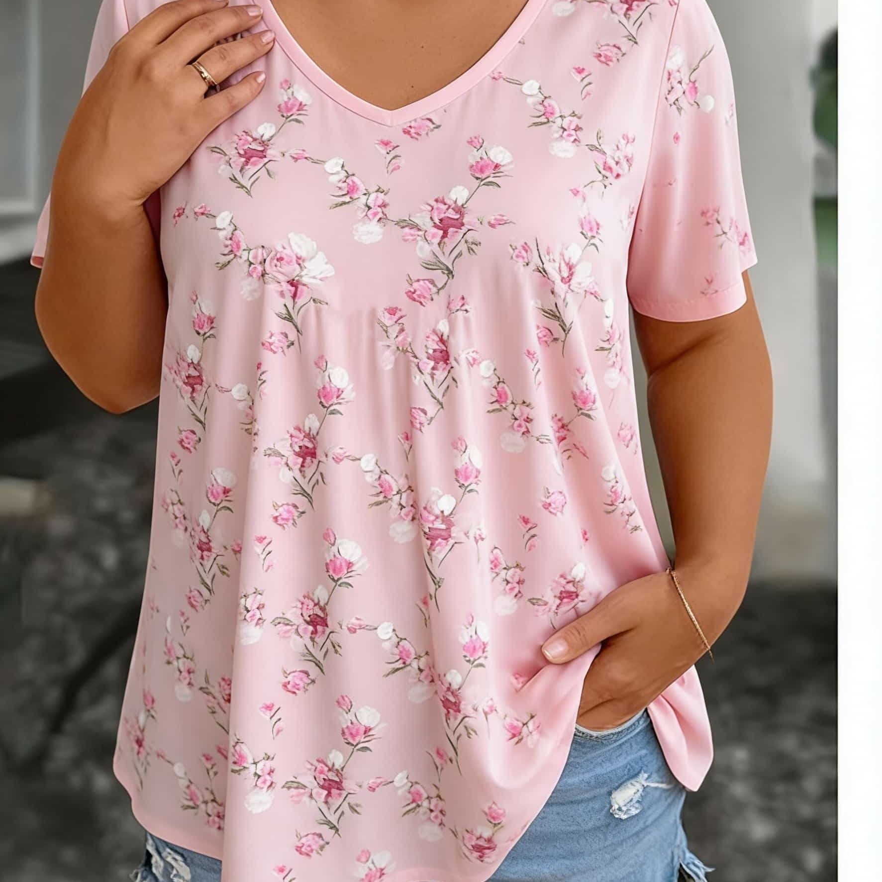 TEMU Plus Size, Plus Size Full Floral Print V-neck T-shirt