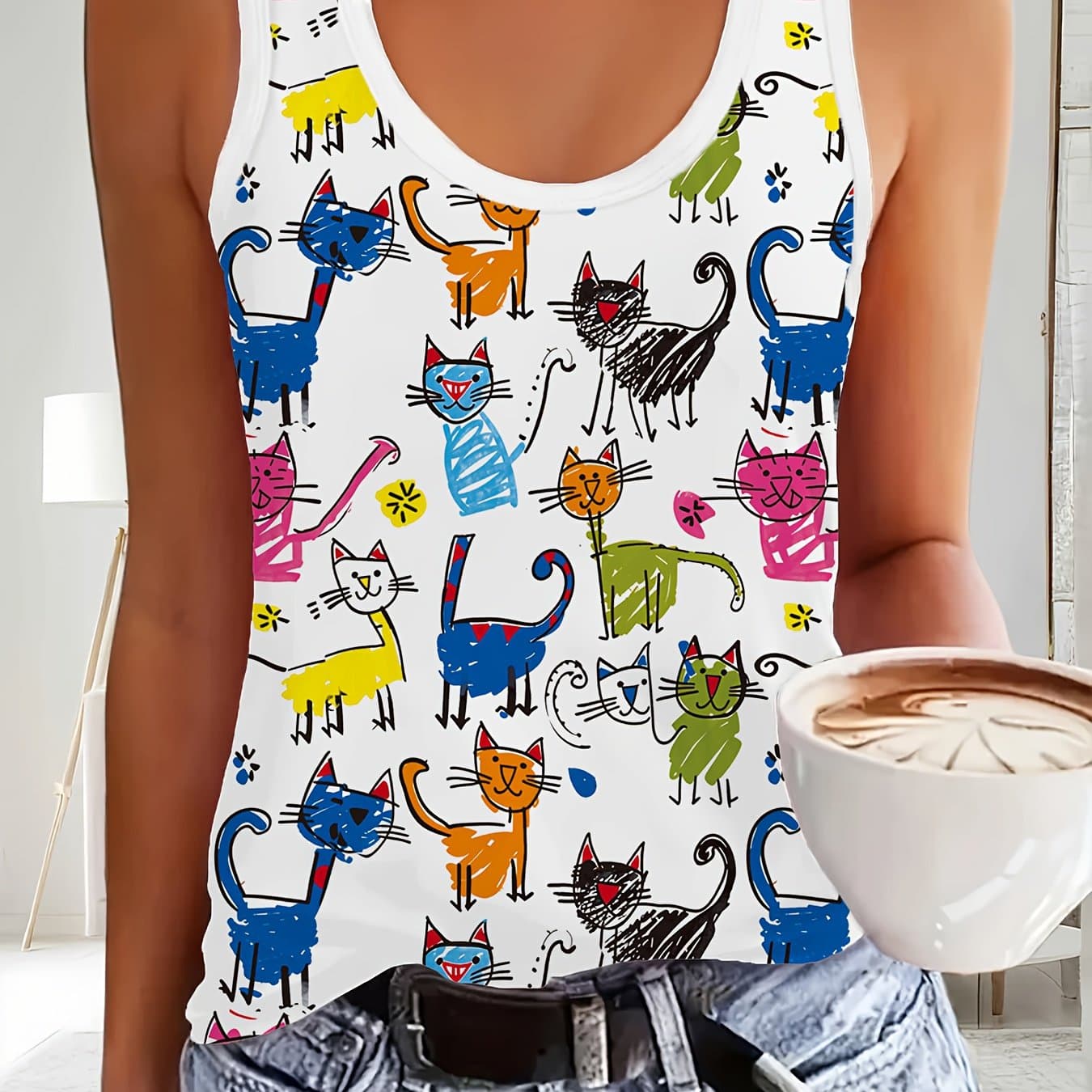 TEMU Women's Sleeveless Cat Print Blouse - Cute Kitten & Design Round Neck Top, Spring/fall Casual Wear, Machine Washable Sleeveless Shirt For Everyday Outfits