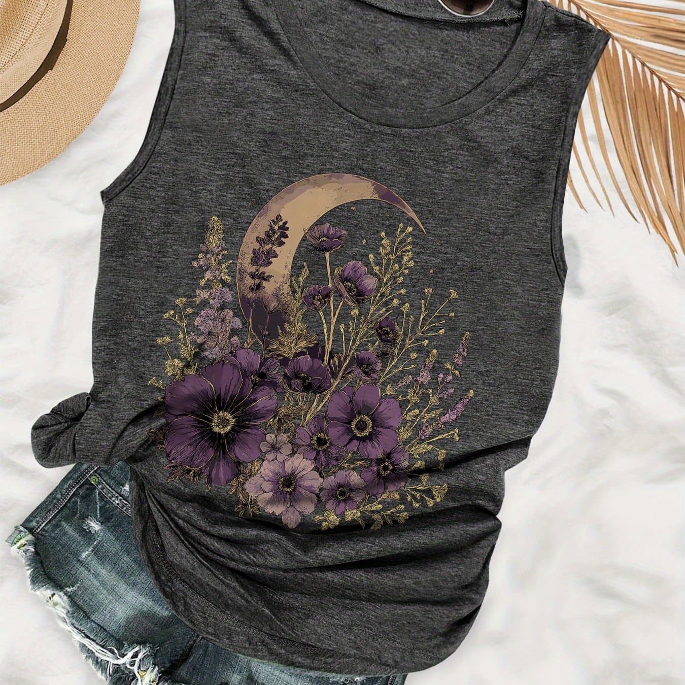 TEMU Women's Sleeveless Vest- Gray Purple Floral Crescent Pattern- Lightweight Breathable Summer Beach Party Essential, Machine Washable Casual Top